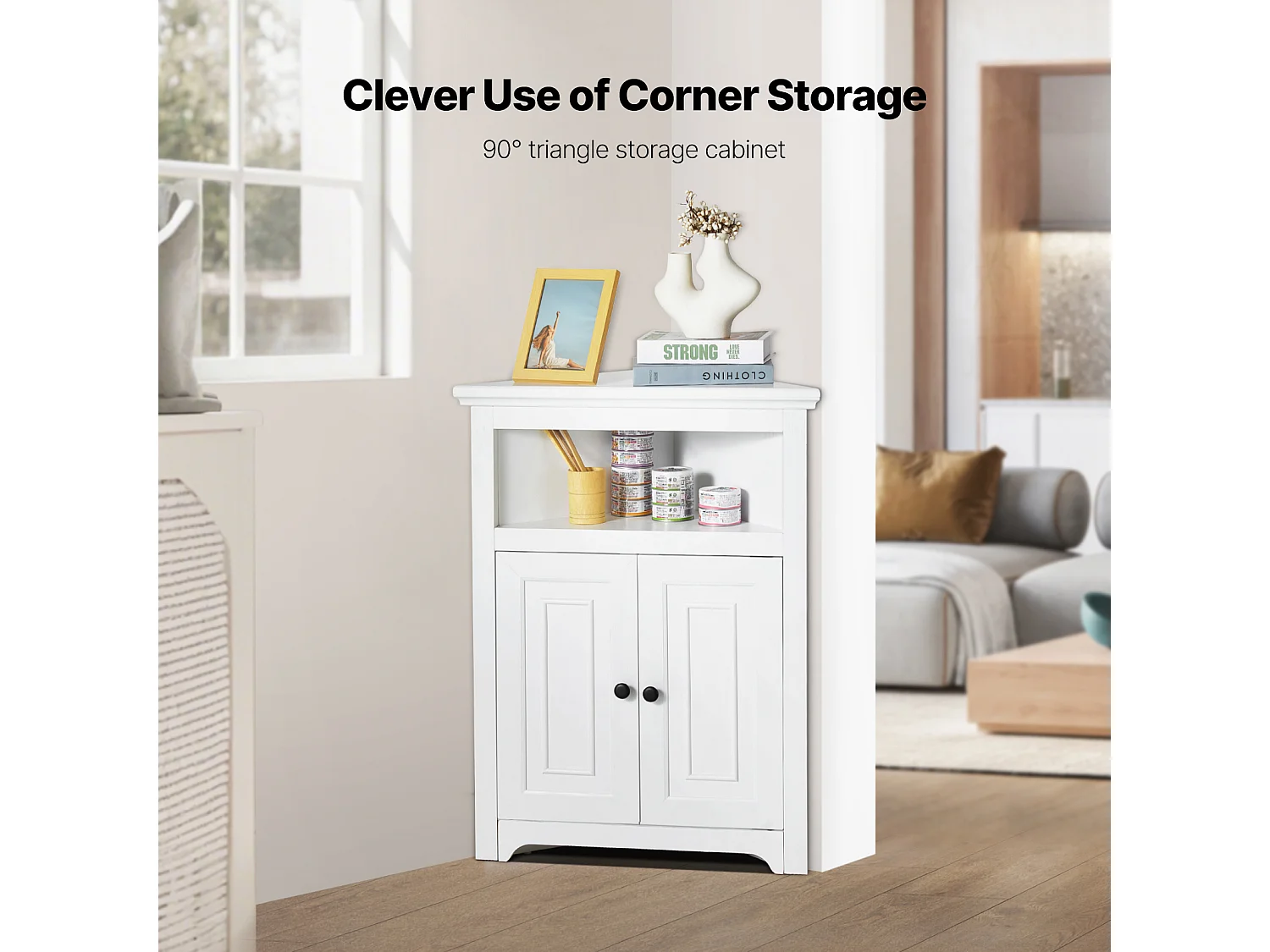 Armoire de Rangement d'Angle Blanche SucceBuy de 81.28cm, 2 Portes en Bois, étagères Réglables