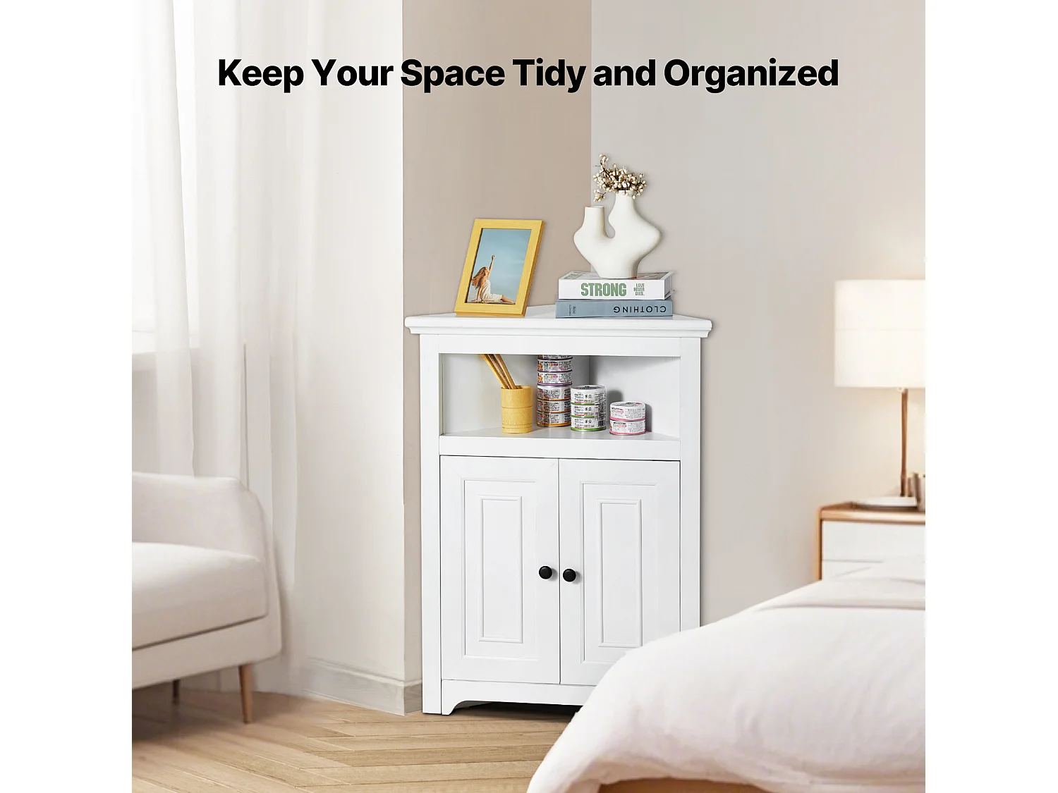 Armoire de Rangement d'Angle Blanche SucceBuy de 81.28cm, 2 Portes en Bois, étagères Réglables