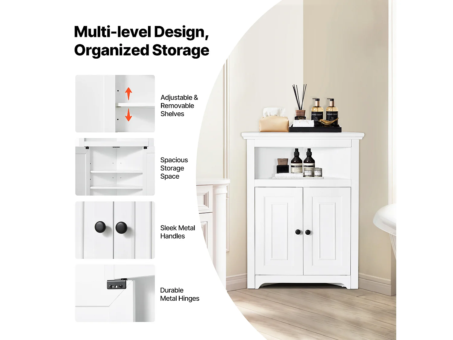 Armoire de Rangement d'Angle Blanche SucceBuy de 81.28cm, 2 Portes en Bois, étagères Réglables