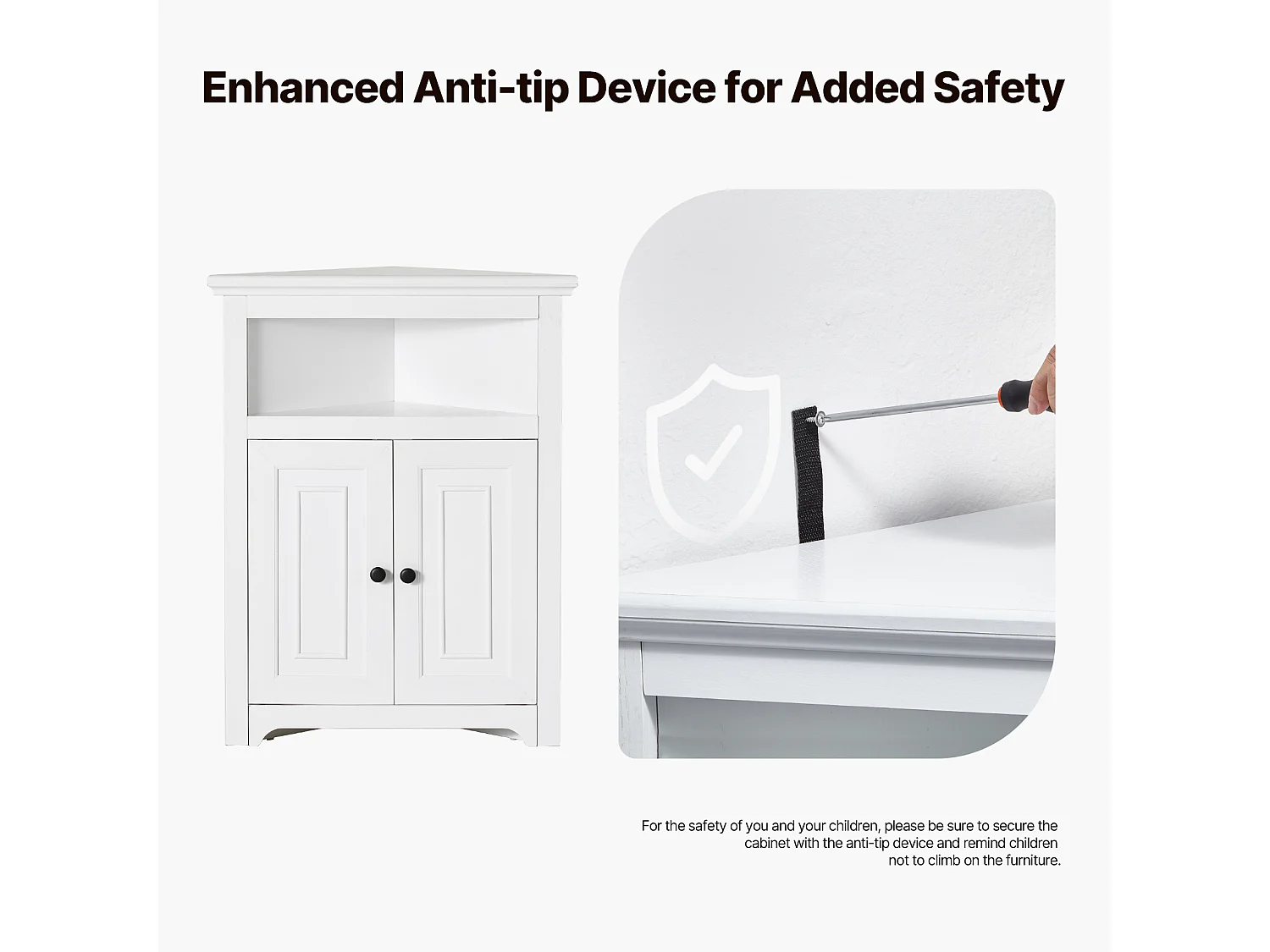 Armoire de Rangement d'Angle Blanche SucceBuy de 81.28cm, 2 Portes en Bois, étagères Réglables