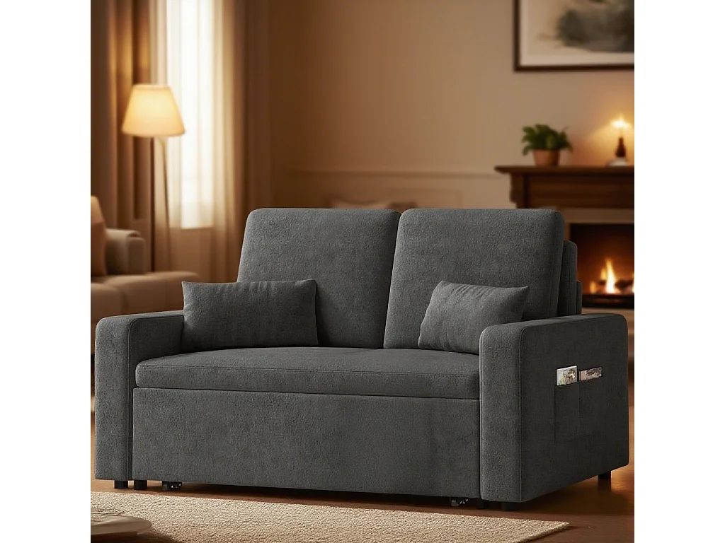 Canapé convertible Bealife 150x82 cm - Tissu chenille crème/gris foncé