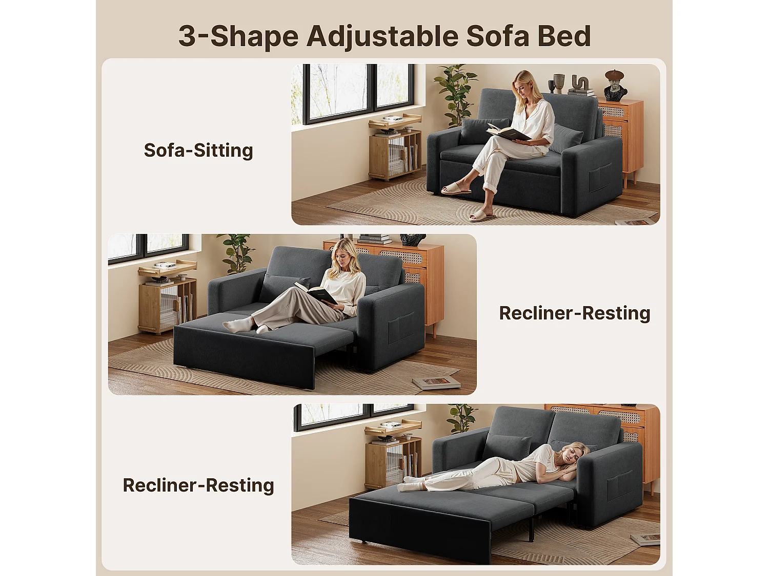 Canapé convertible Bealife 150x82 cm - Tissu chenille crème/gris foncé