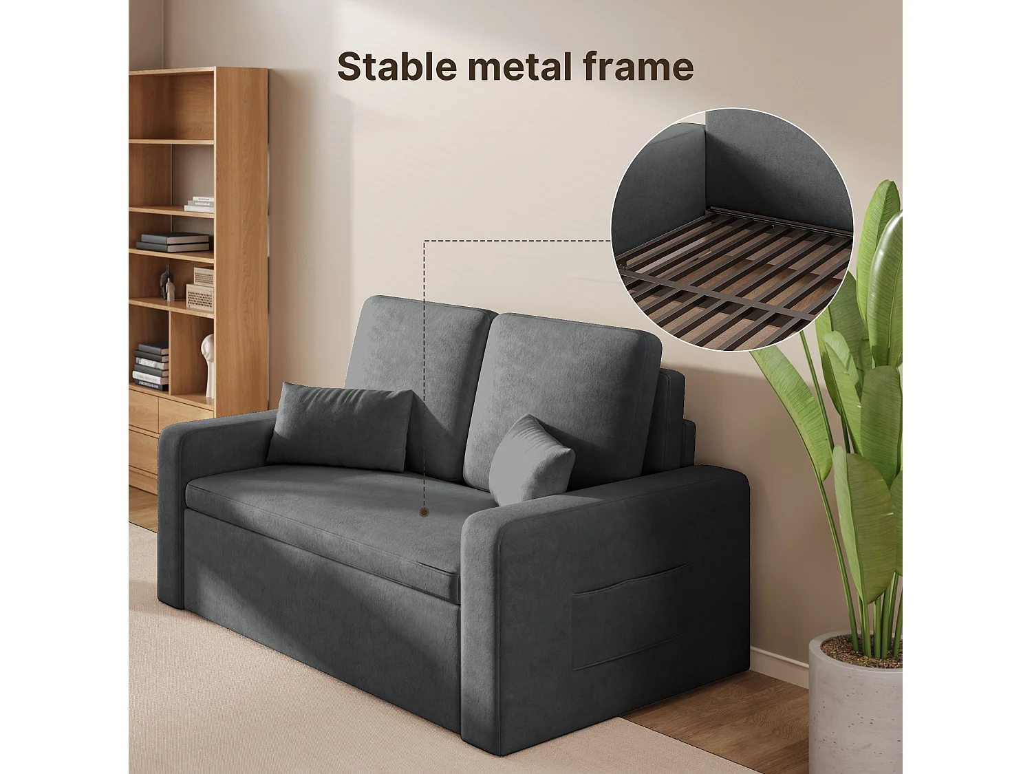 Canapé convertible Bealife 150x82 cm - Tissu chenille crème/gris foncé