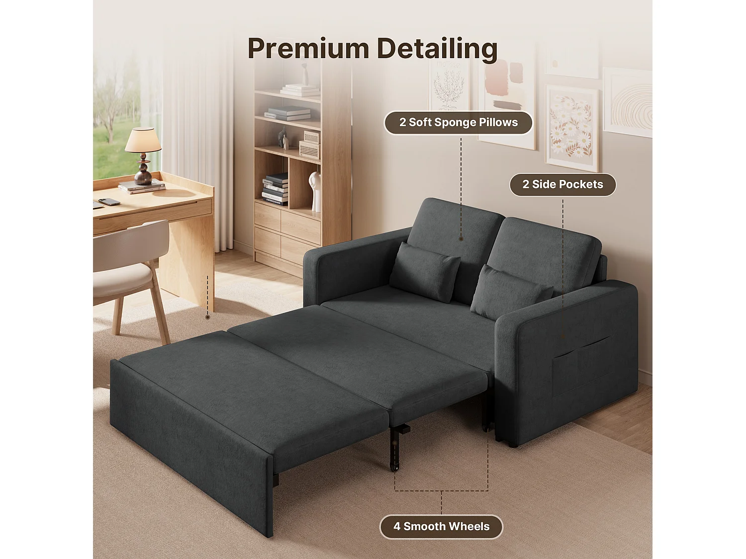 Canapé convertible Bealife 150x82 cm - Tissu chenille crème/gris foncé