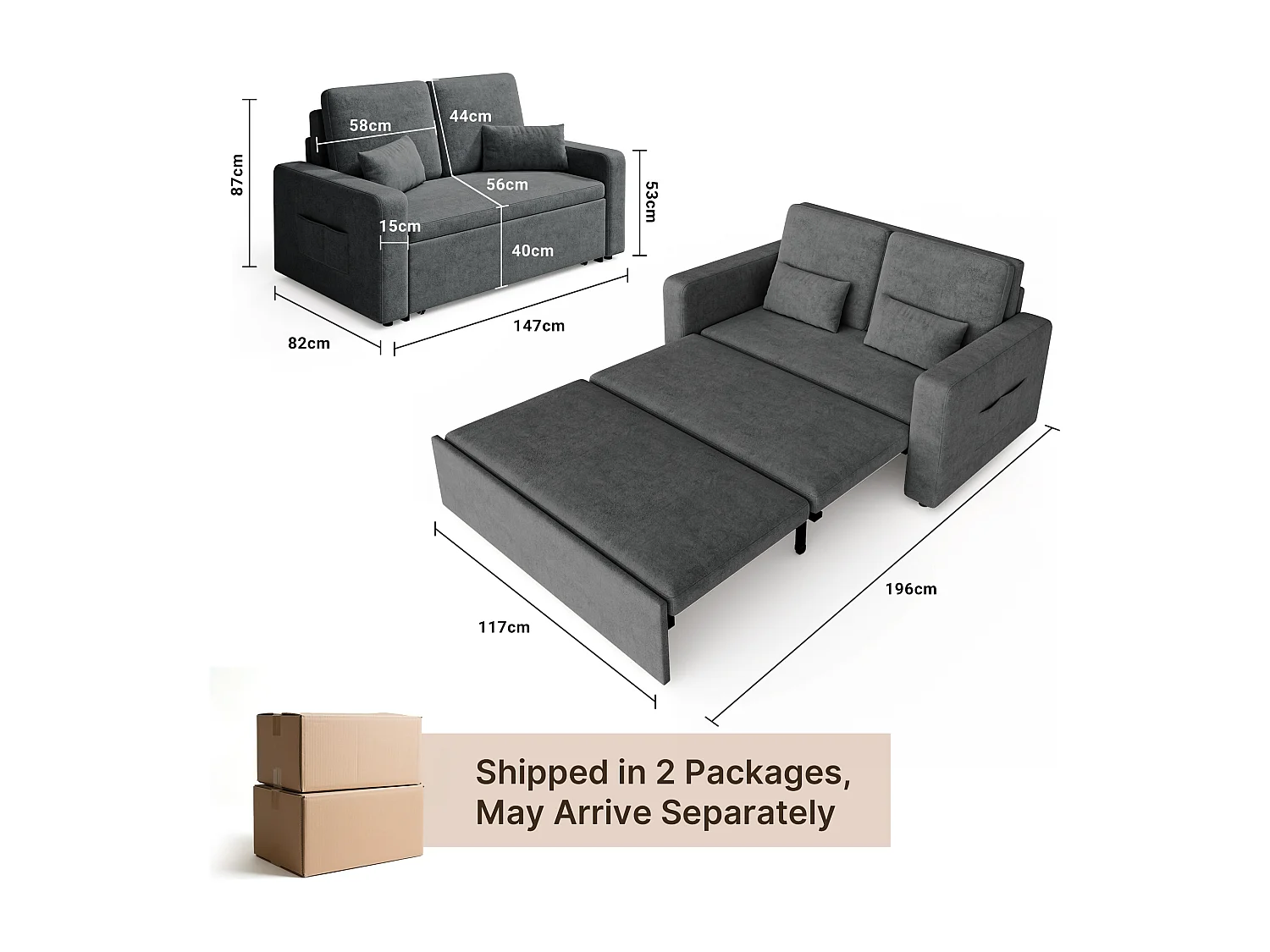 Canapé convertible Bealife 150x82 cm - Tissu chenille crème/gris foncé