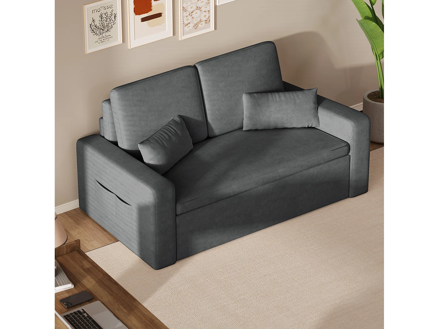 Canapé convertible Bealife 150x82 cm - Tissu chenille crème/gris foncé