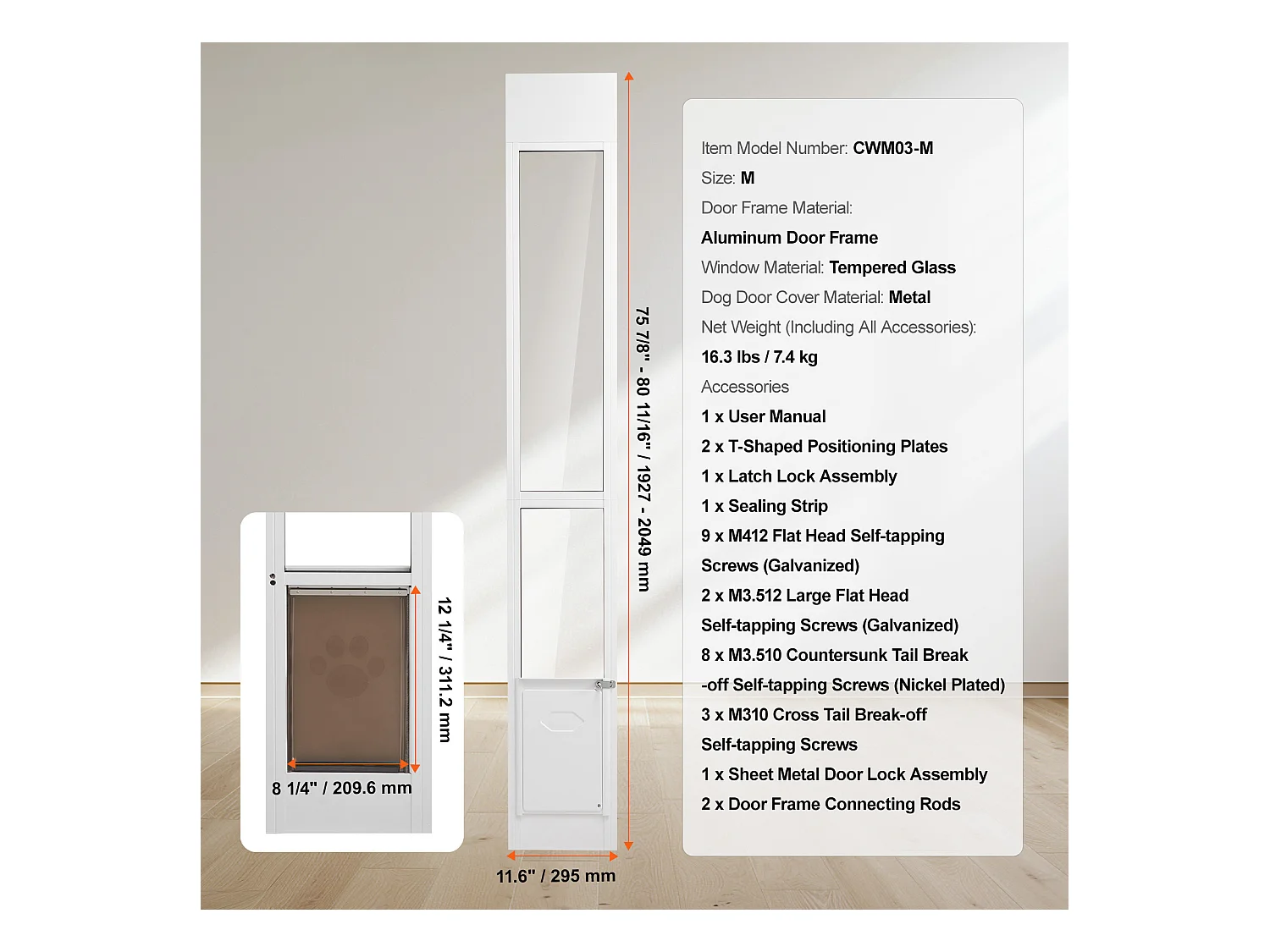 Glazen Schuifdeur SucceBuy voor Honden, in Hoogte Verstelbaar van 1927 - 2049 mm, M