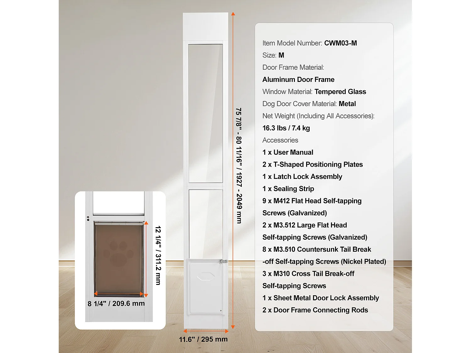 Porte Coulissante en Verre pour Chien SucceBuy, Hauteur Réglable de 1927 - 2049 mm, M