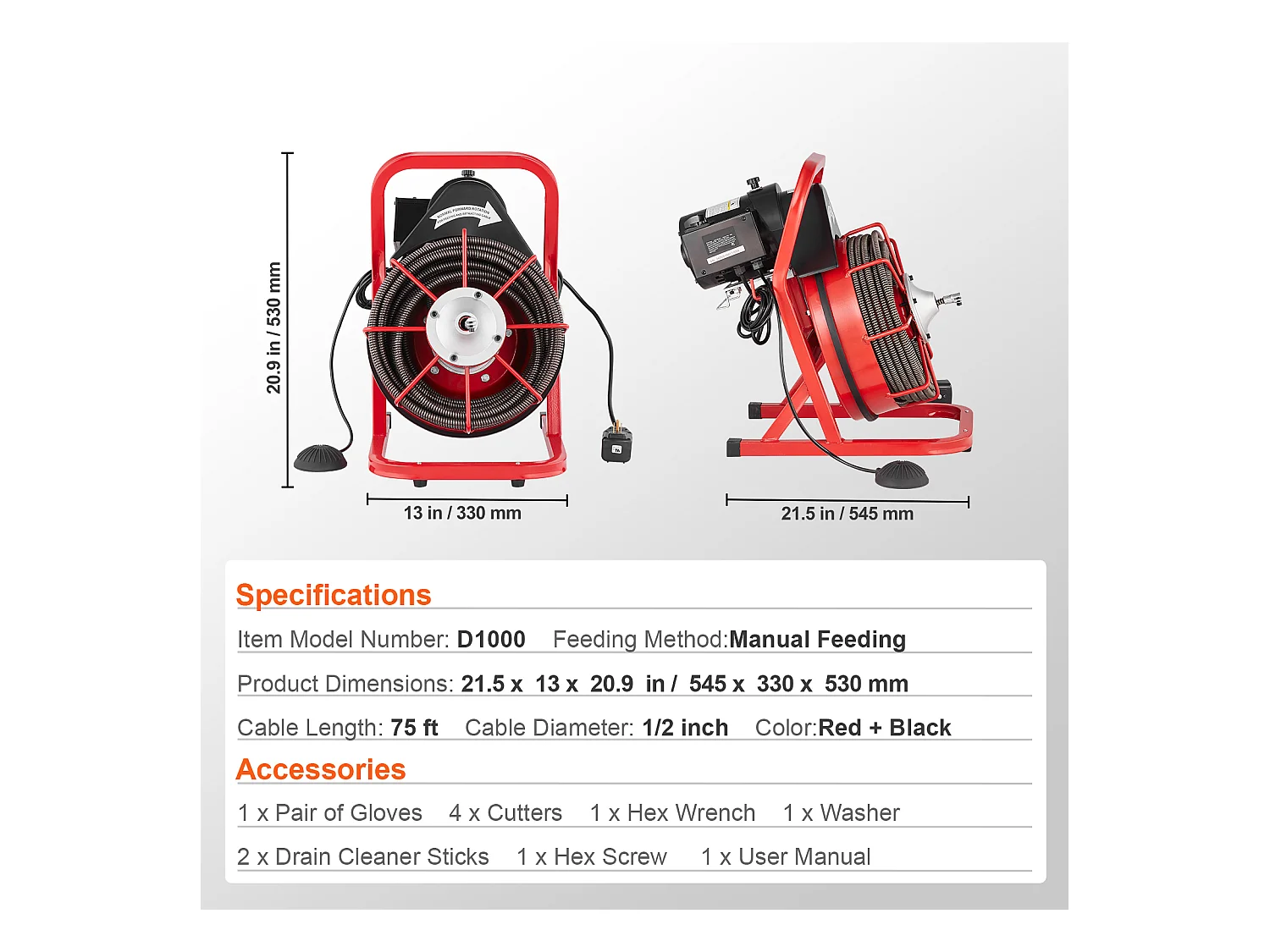 Macchina per la Pulizia degli Scarichi, SucceBuy Macchina per la Pulizia degli Scarichi con Trivella da 22.8 m × 1.27 cm, Alimentazione Manuale e 4 Frese