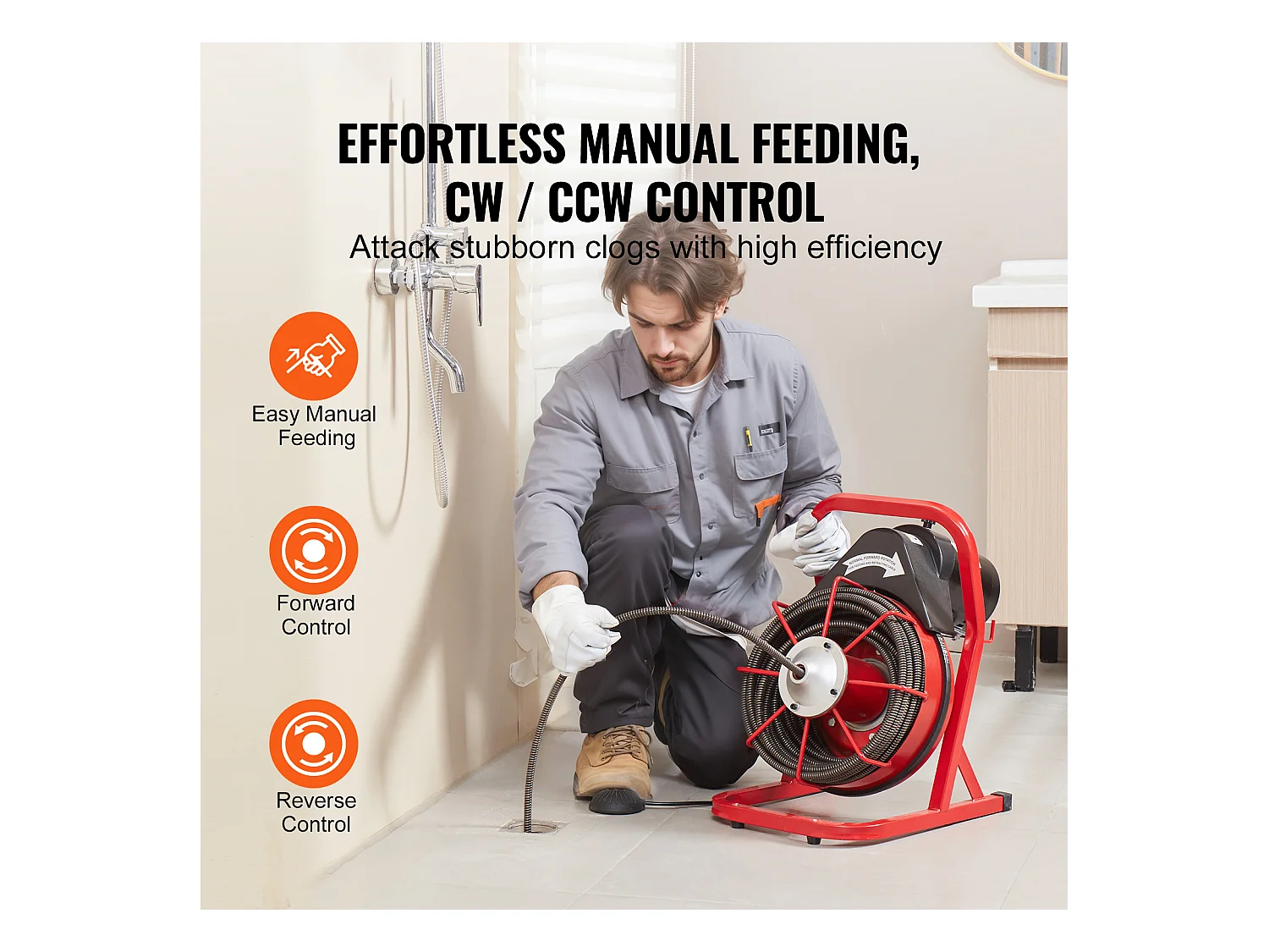 Macchina per la Pulizia degli Scarichi, SucceBuy Macchina per la Pulizia degli Scarichi con Trivella da 22.8 m × 1.27 cm, Alimentazione Manuale e 4 Frese