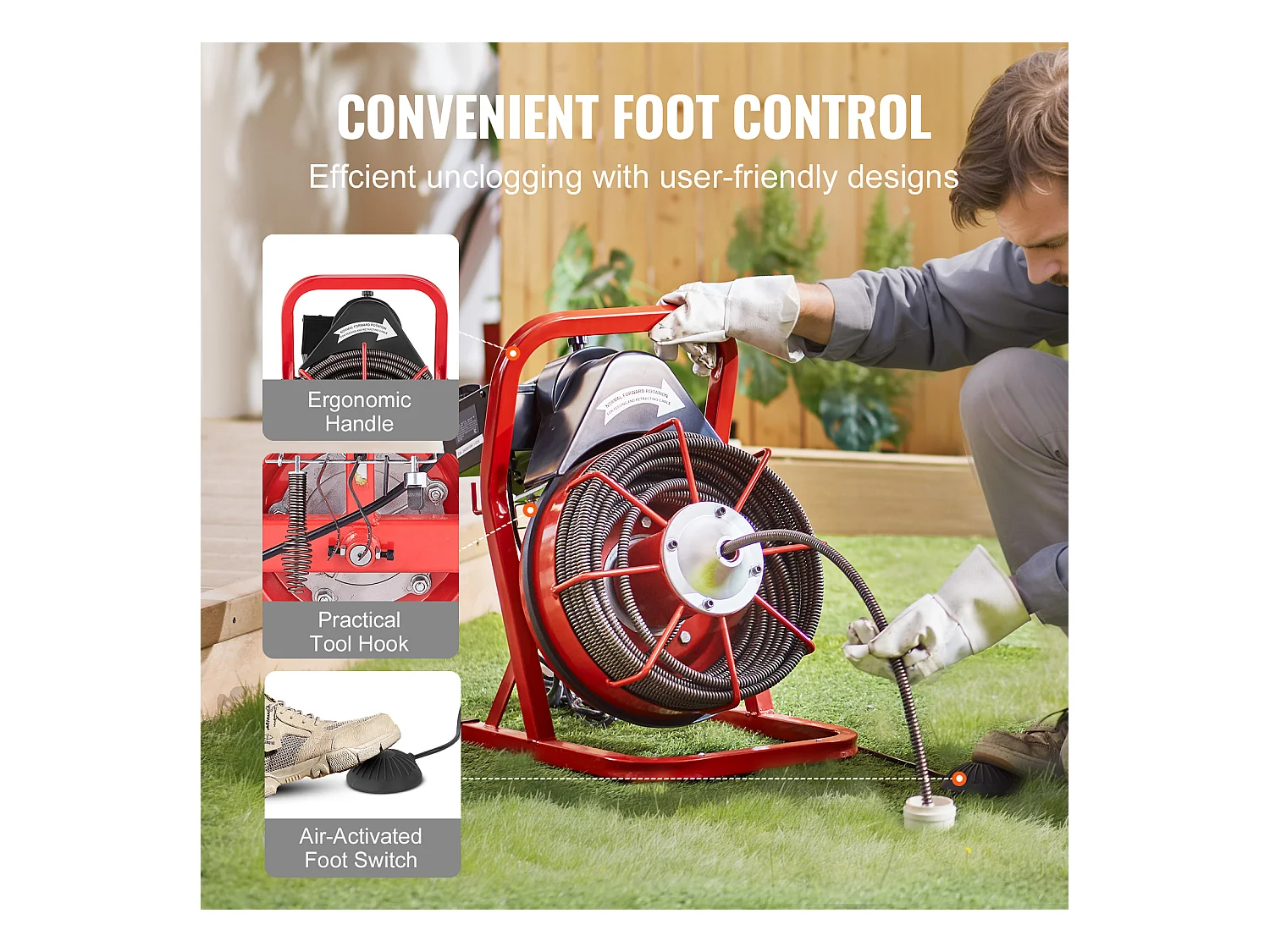 Macchina per la Pulizia degli Scarichi, SucceBuy Macchina per la Pulizia degli Scarichi con Trivella da 22.8 m × 1.27 cm, Alimentazione Manuale e 4 Frese