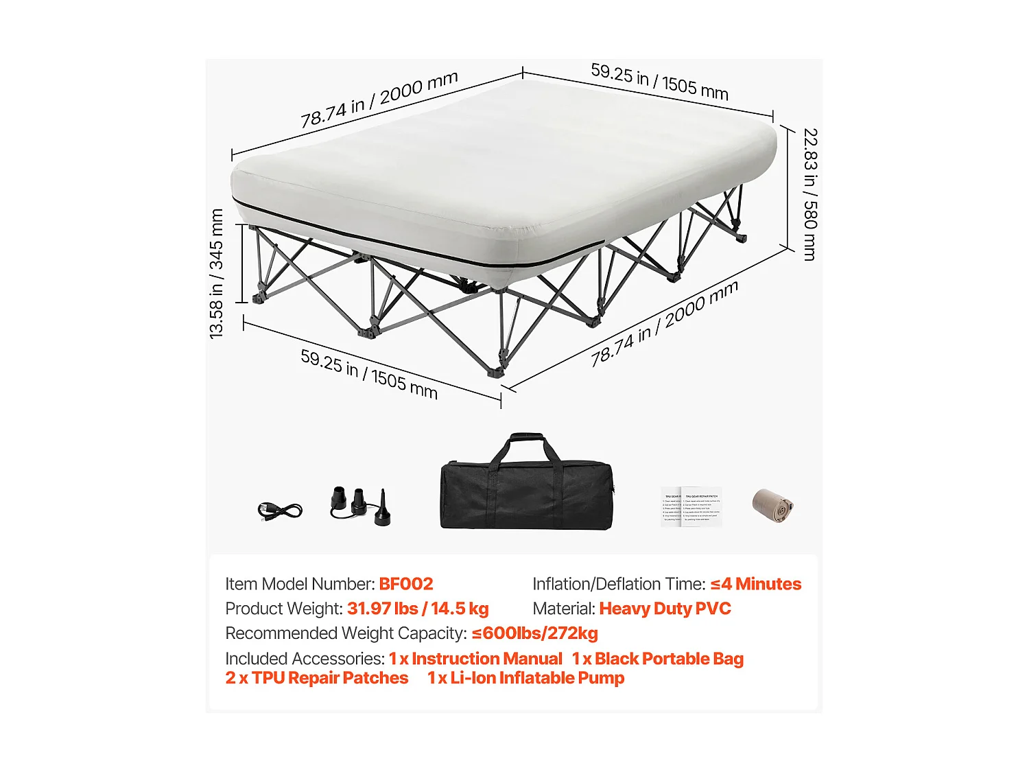 Matelas Gonflable SucceBuy pour 2 Personne avec Cadre et Pompe, Lit de Camping Gonflable de 272 kg