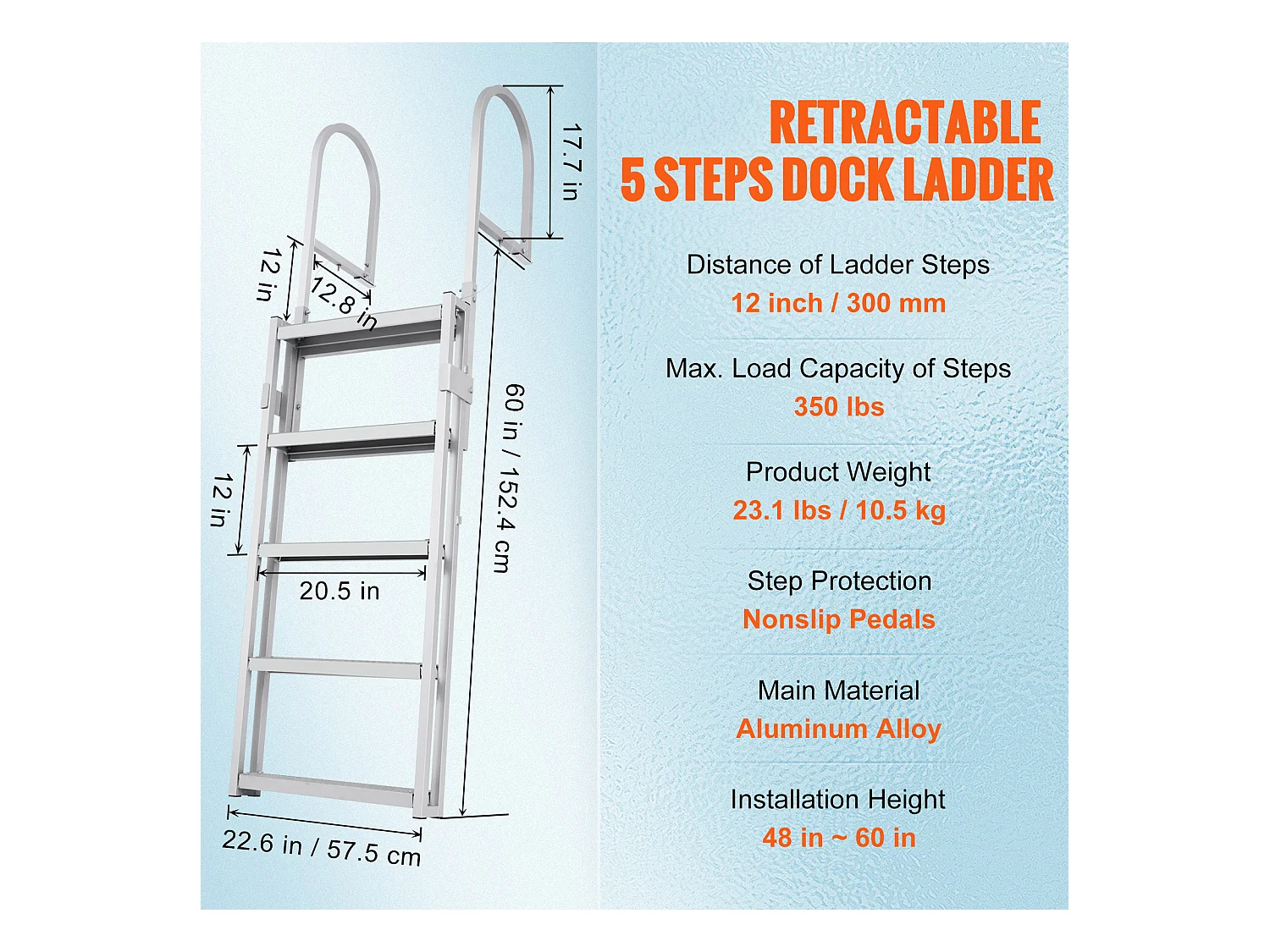 Échelle de Quai en Aluminium SucceBuy, Hauteur Réglable 170 à 200 cm, 5 Marches pour Bateaux