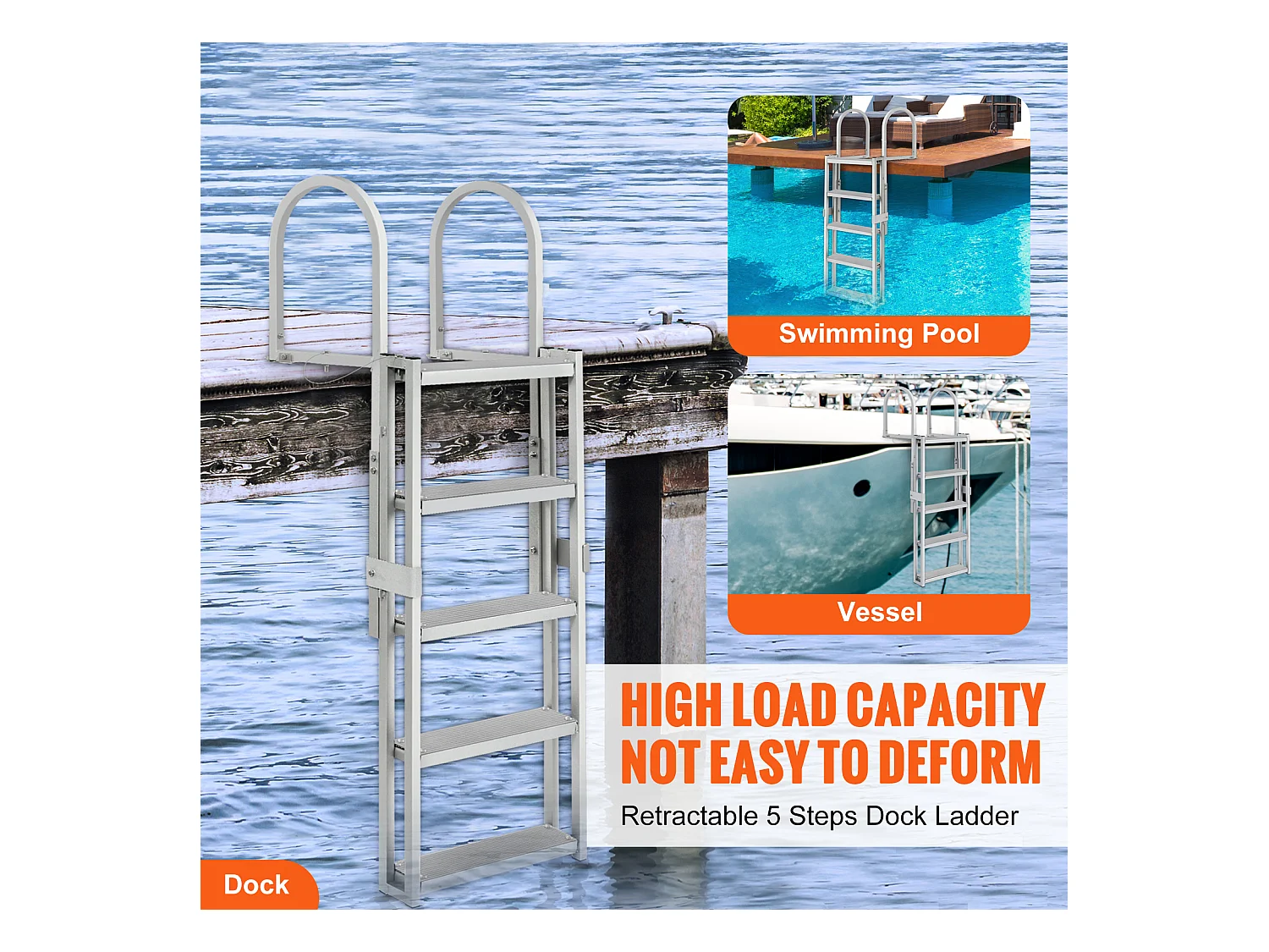 Échelle de Quai en Aluminium SucceBuy, Hauteur Réglable 170 à 200 cm, 5 Marches pour Bateaux