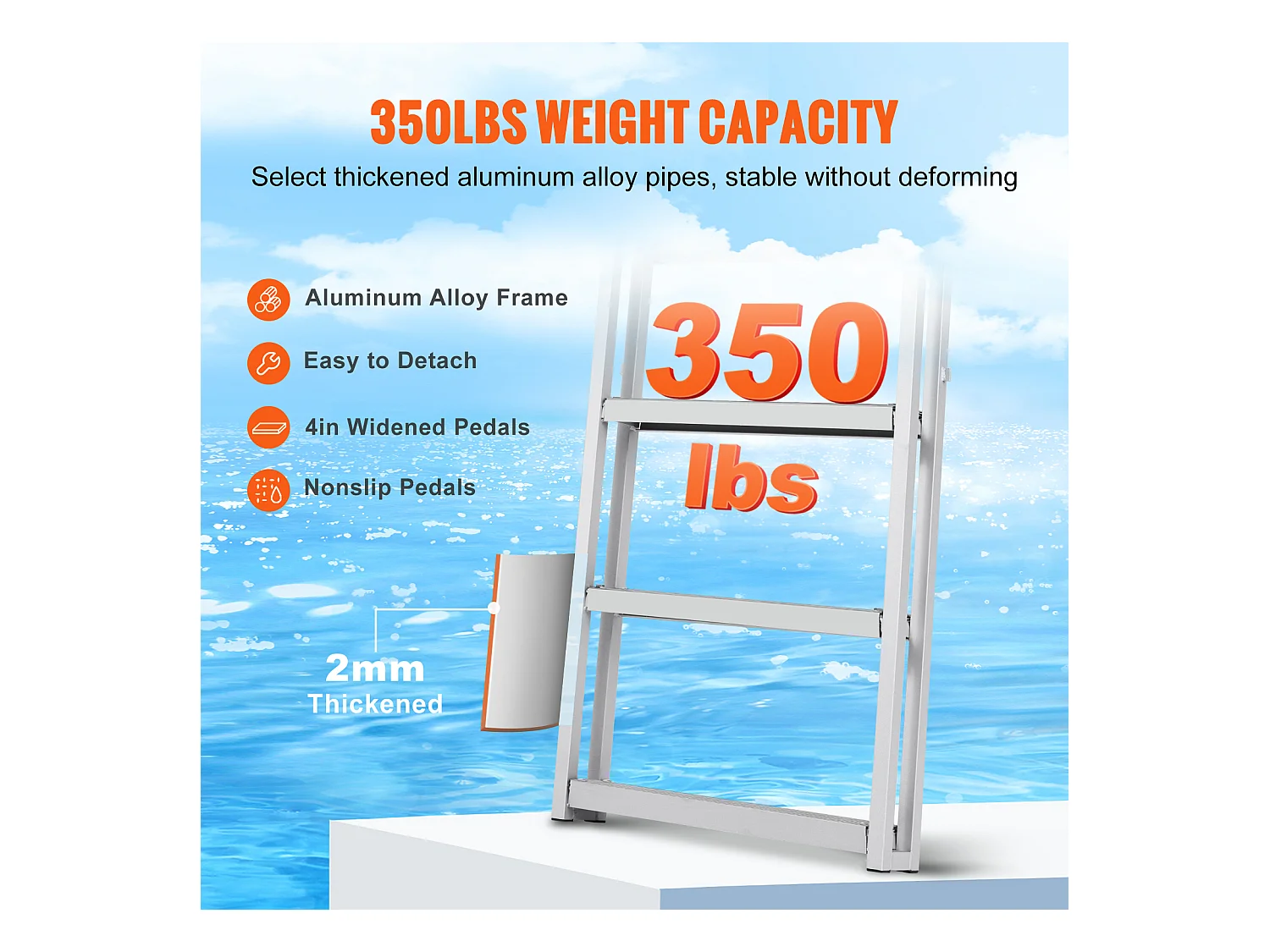 Échelle de Quai en Aluminium SucceBuy, Hauteur Réglable 170 à 200 cm, 5 Marches pour Bateaux