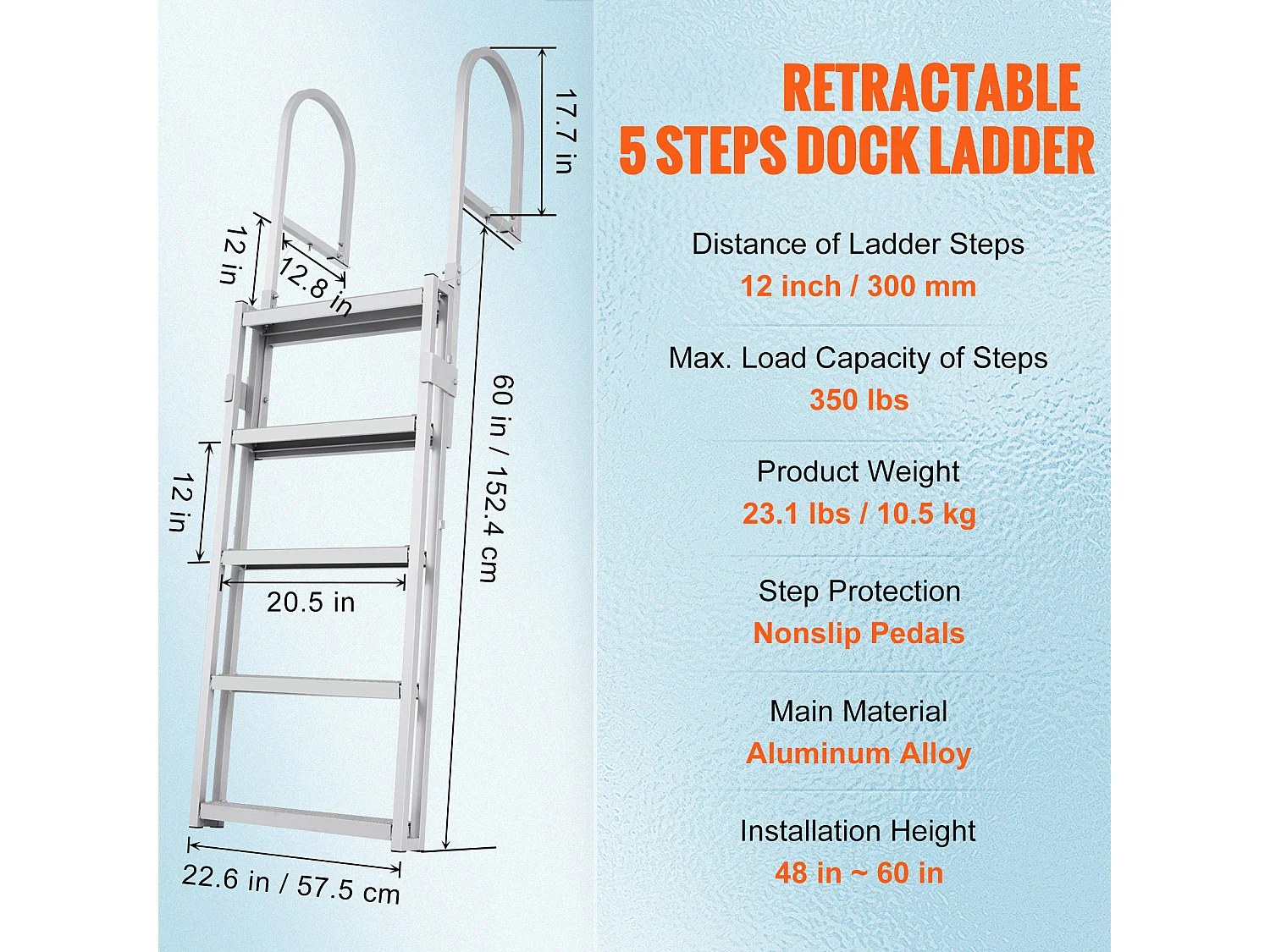 Échelle de Quai en Aluminium SucceBuy, Hauteur Réglable 170 à 200 cm, 5 Marches pour Bateaux