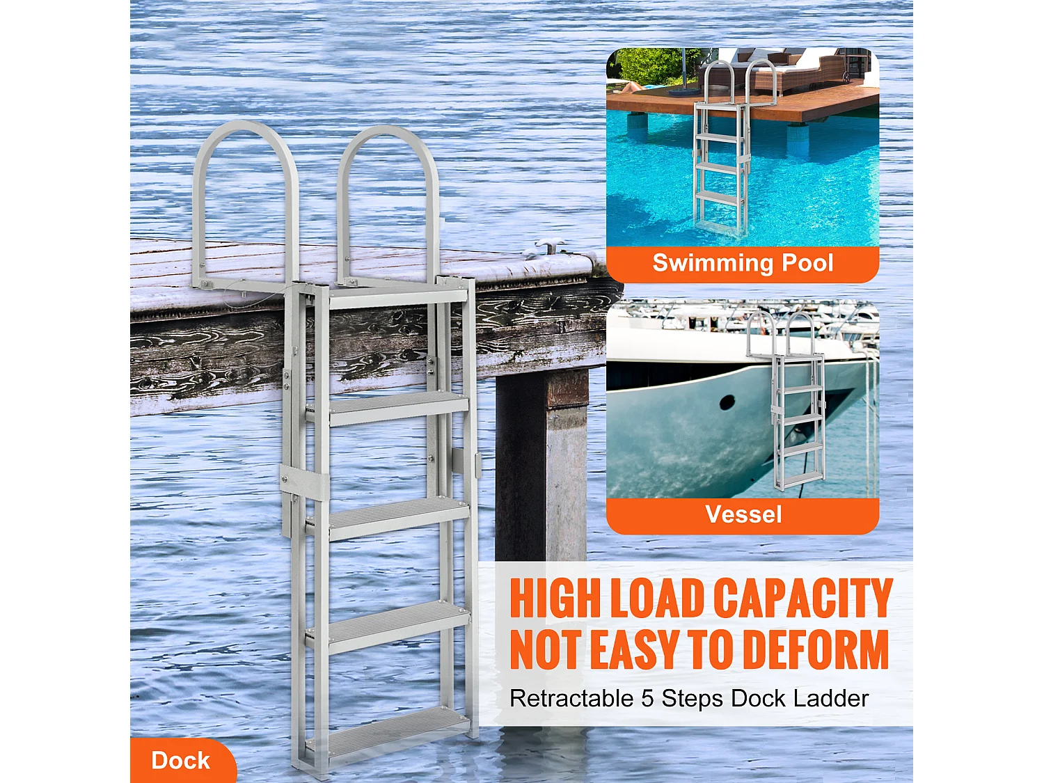 Échelle de Quai en Aluminium SucceBuy, Hauteur Réglable 170 à 200 cm, 5 Marches pour Bateaux