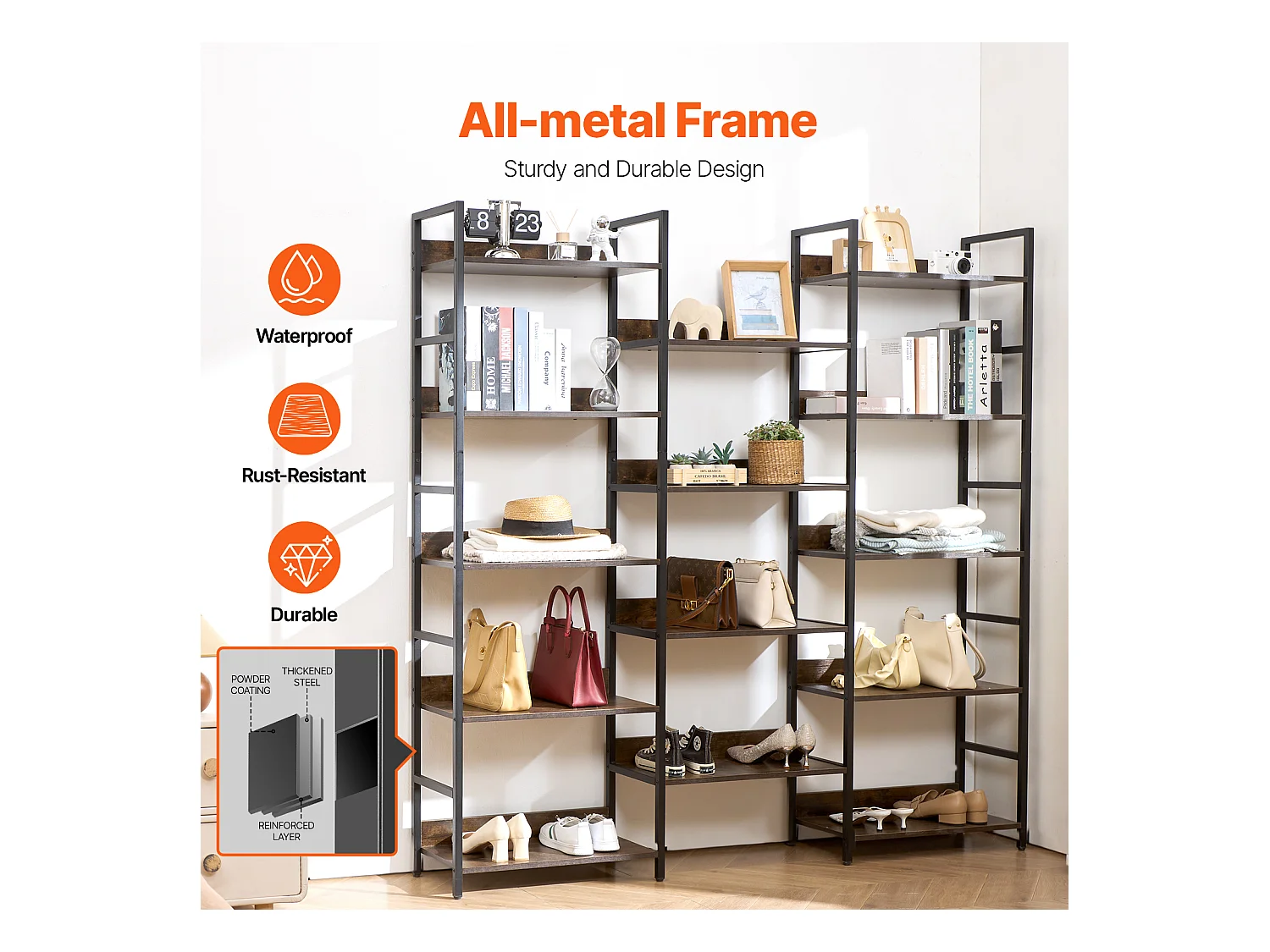 Bücherregal SucceBuy, Rustikales Metallmodell mit 14 Ebenen für Wohnzimmer, Schlafzimmer und Büro