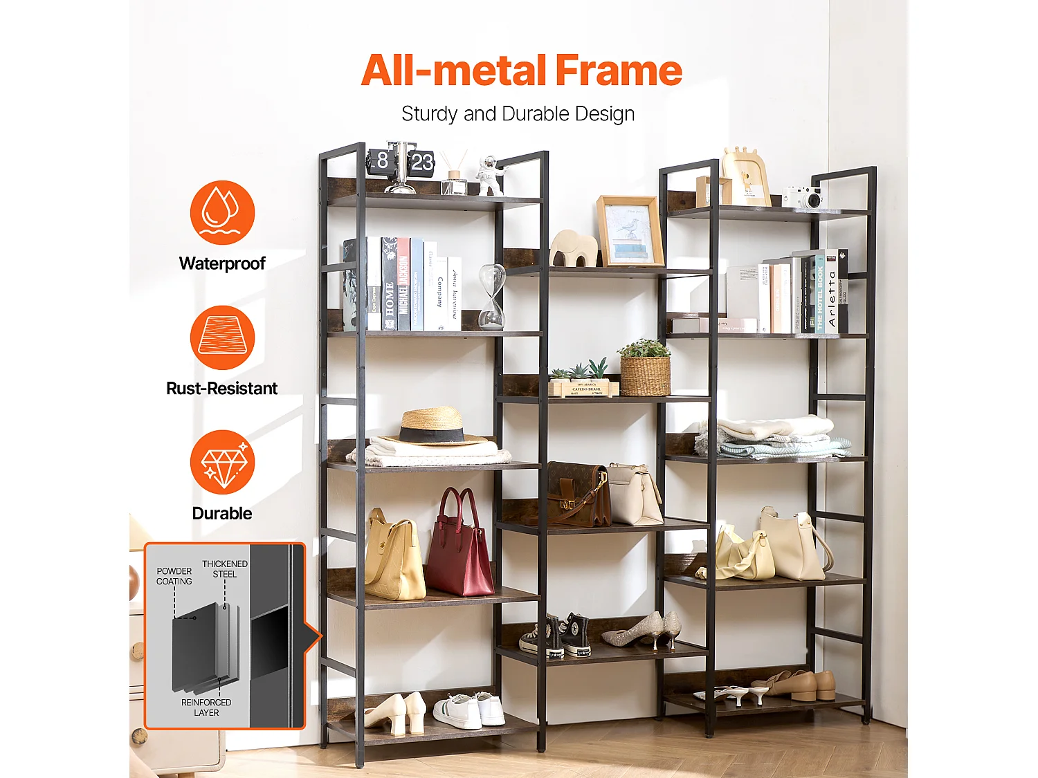 Biblioteca SucceBuy, Rustica in Metallo con 14 Livelli per Salotto, Camera e Ufficio