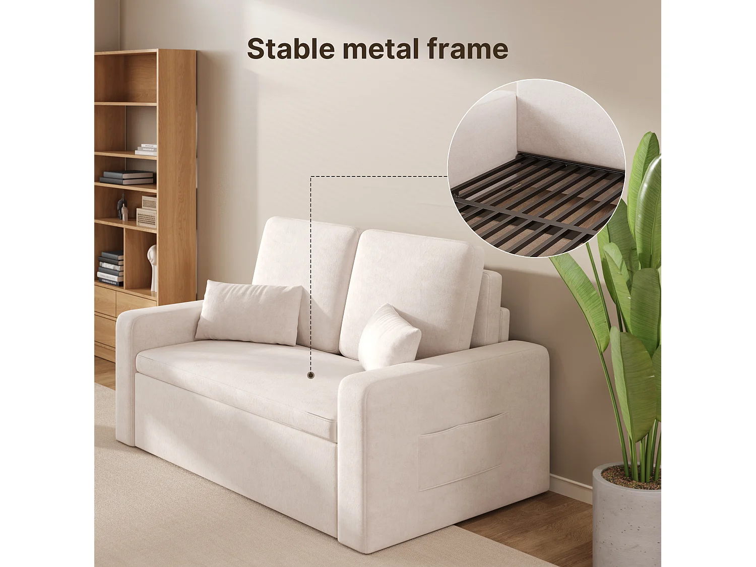 Canapé convertible Bealife 150x82 cm - Tissu chenille crème/gris foncé