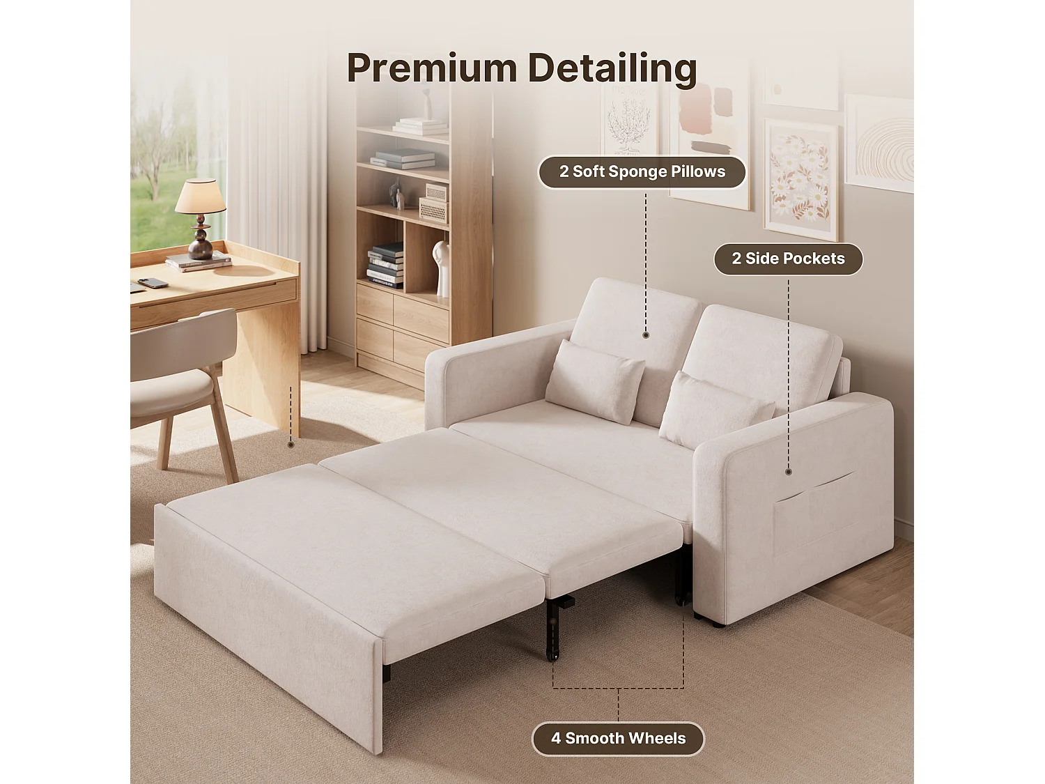 Canapé convertible Bealife 150x82 cm - Tissu chenille crème/gris foncé