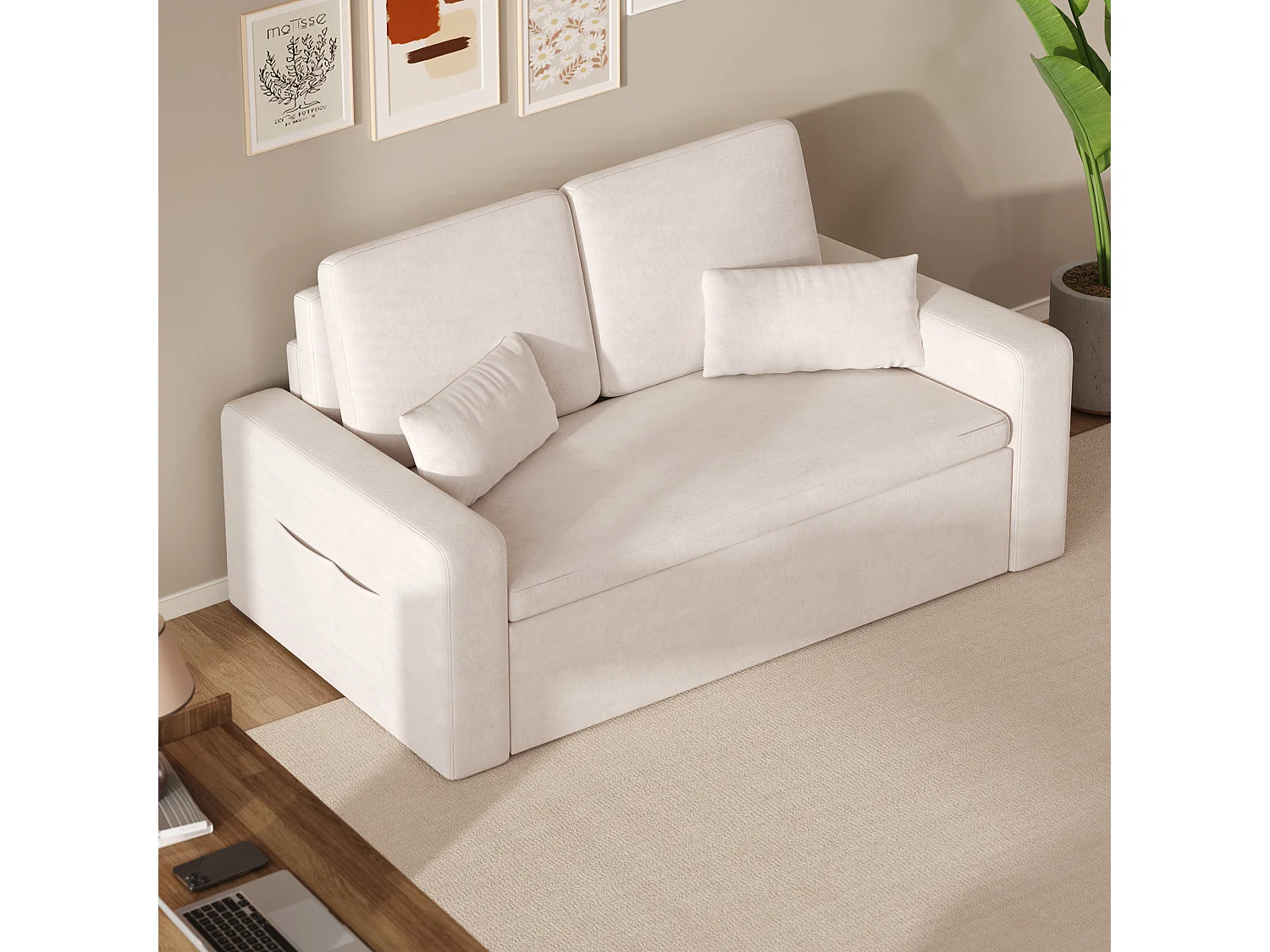 Canapé convertible Bealife 150x82 cm - Tissu chenille crème/gris foncé