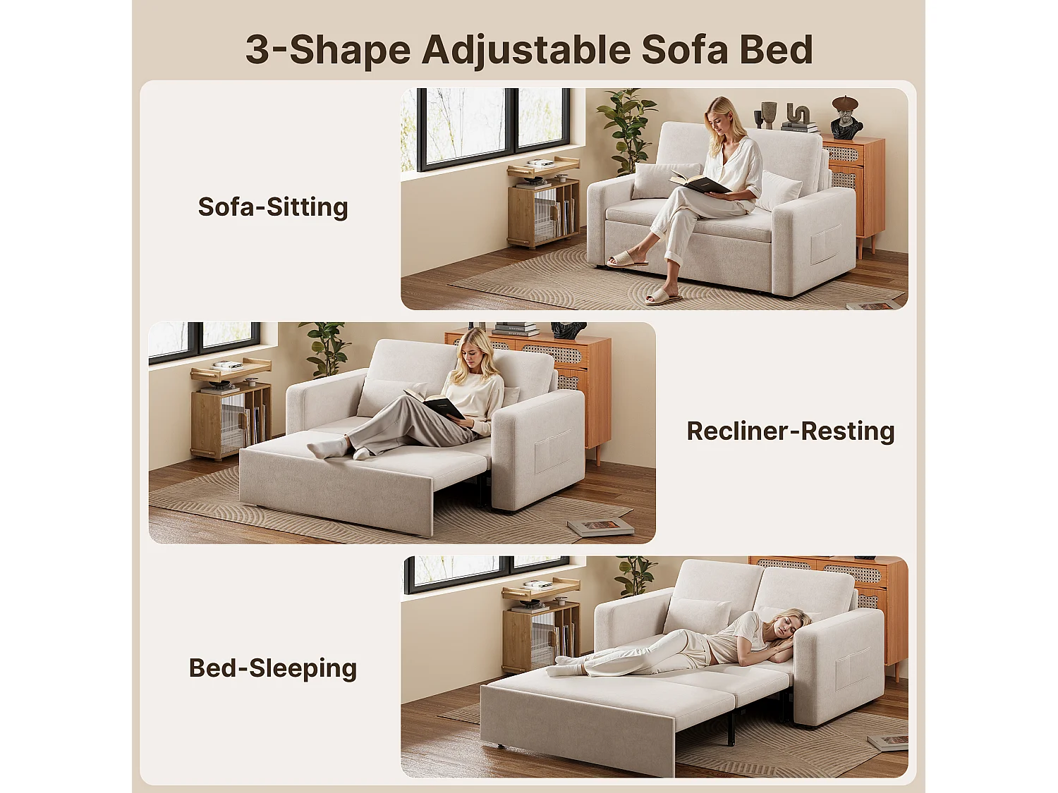 Canapé convertible Bealife 150x82 cm - Tissu chenille crème/gris foncé