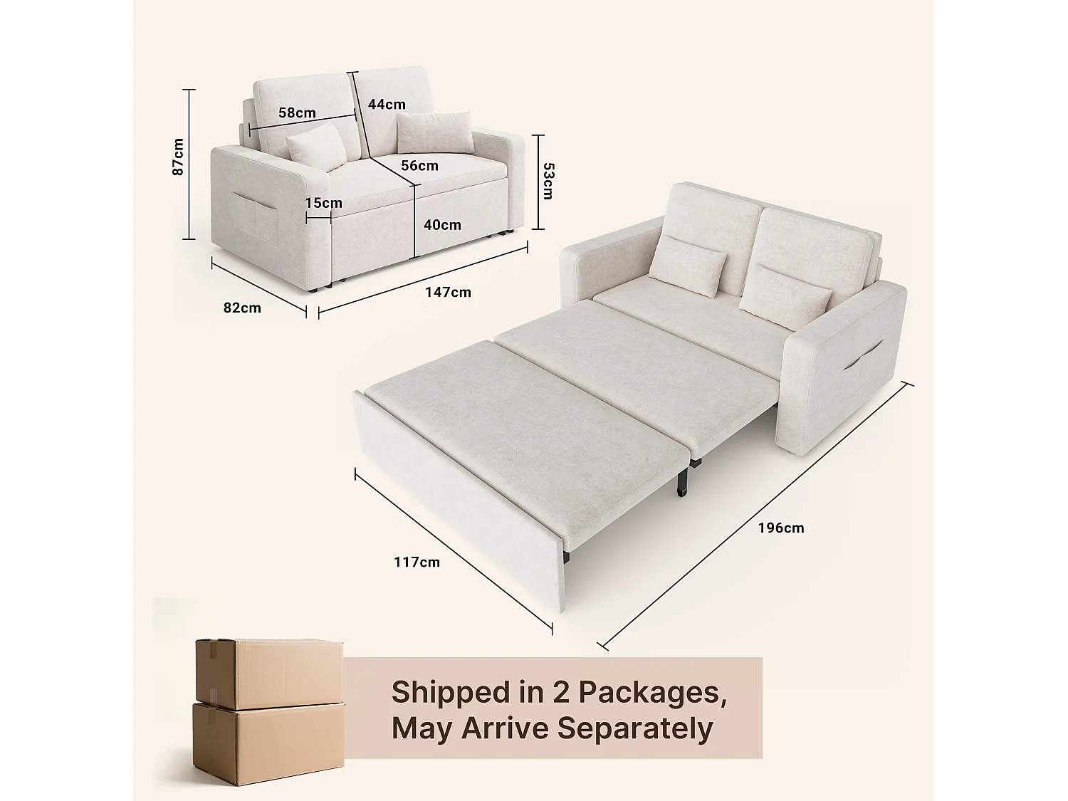 Canapé convertible Bealife 150x82 cm - Tissu chenille crème/gris foncé