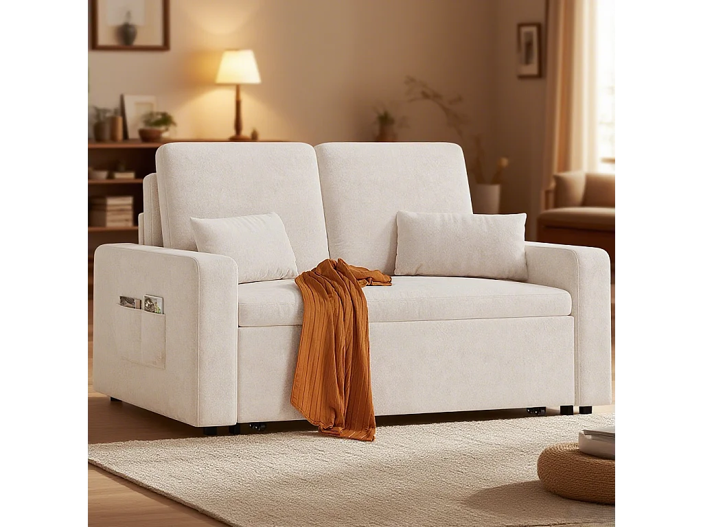 Canapé convertible Bealife 150x82 cm - Tissu chenille crème/gris foncé