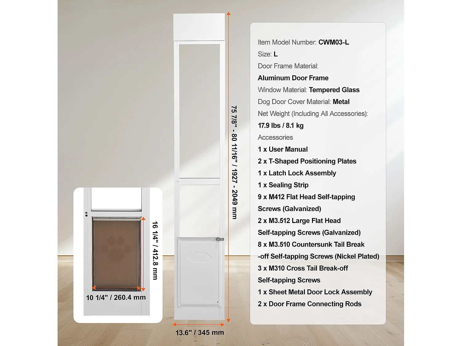 Porte Coulissante en Verre pour Chien SucceBuy, Hauteur Réglable de 1927 - 2049 mm, L