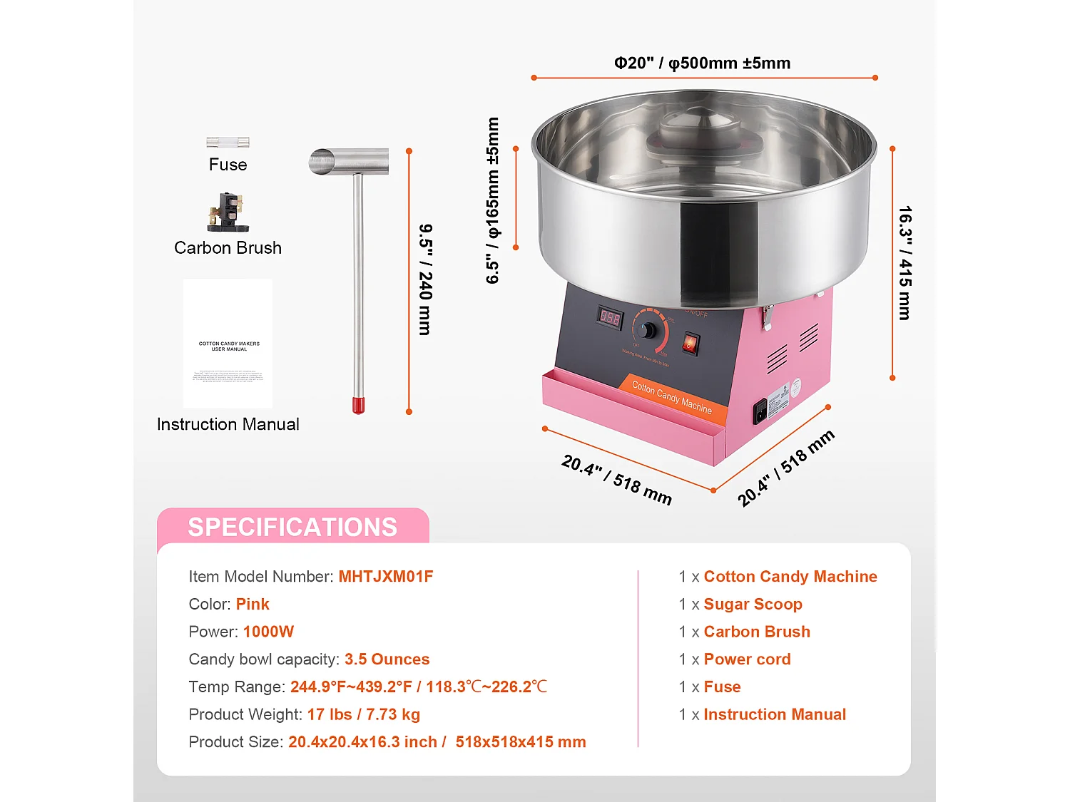 Máquina de Algodón de Azúcar Comercial SucceBuy, Máquina de Algodón de Azúcar 1000 W, Rosa