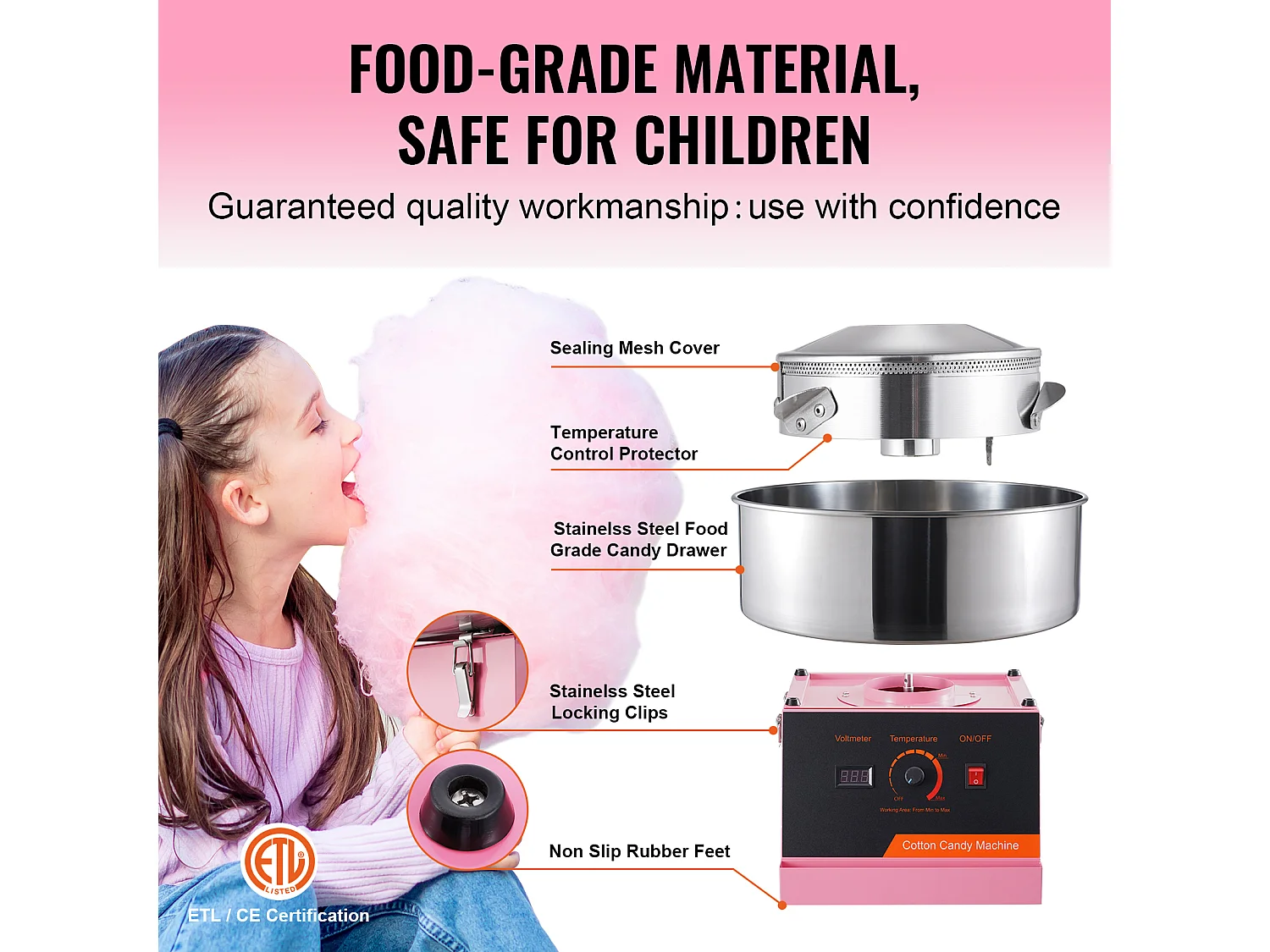 Máquina de Algodón de Azúcar Comercial SucceBuy, Máquina de Algodón de Azúcar 1000 W, Rosa