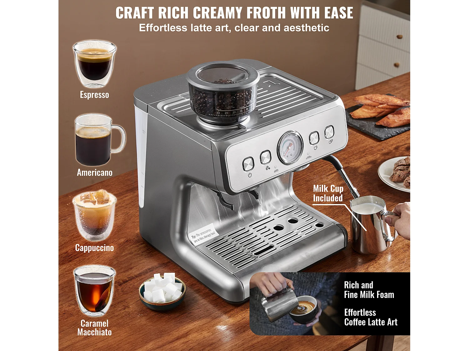 Machines à café SucceBuy Machine Expresso  avec Broyeur 15 Bars Semi-Automatique