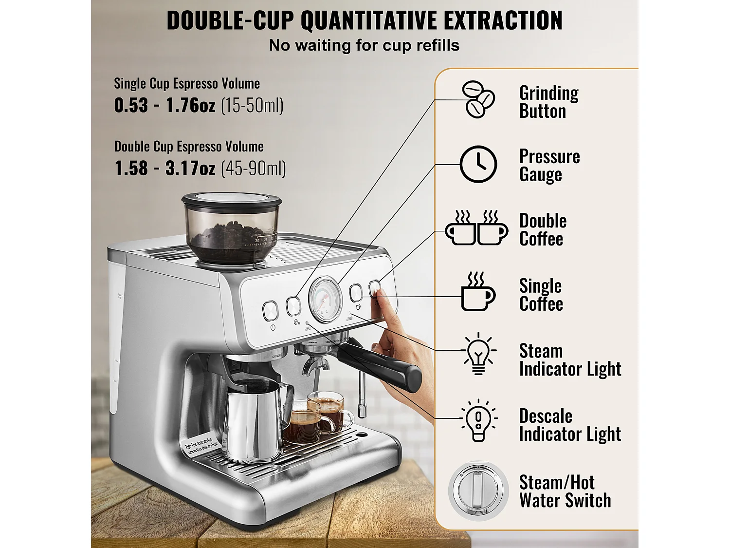 Machines à café SucceBuy Machine Expresso  avec Broyeur 15 Bars Semi-Automatique