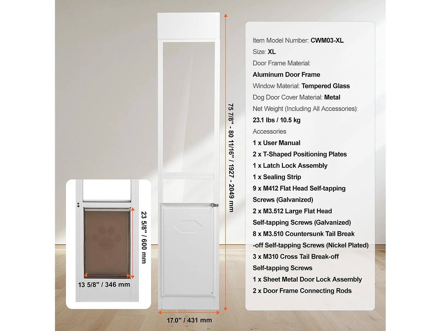 Glazen Schuifdeur voor Honden SucceBuy, in Hoogte Verstelbaar van 1927 - 2049 mm, XL