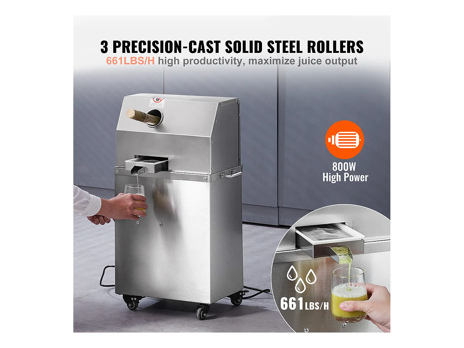 Extracteur de Jus de Canne à Sucre électrique SucceBuy 800 W, Rendement de 300kg/h, 4 Rouleaux, Grand 6.1cm
