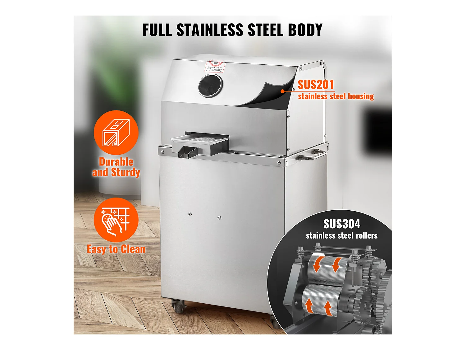 Extracteur de Jus de Canne à Sucre électrique SucceBuy 800 W, Rendement de 300kg/h, 4 Rouleaux, Grand 6.1cm