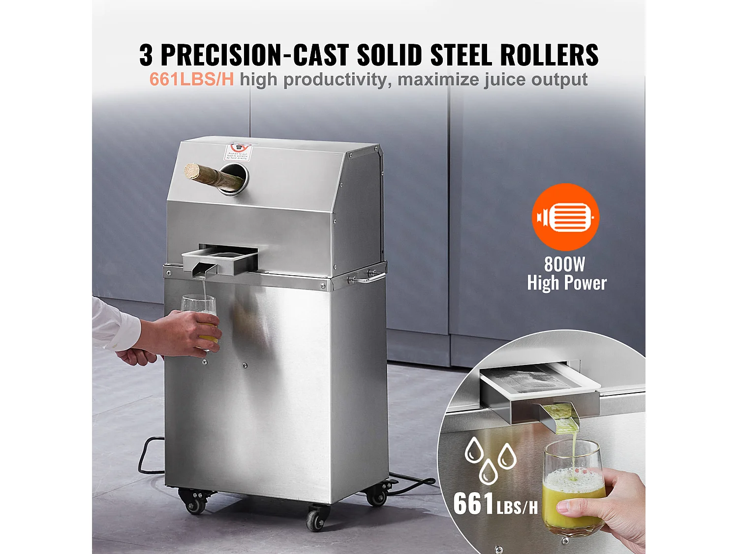 Extracteur de Jus de Canne à Sucre électrique SucceBuy 800 W, Rendement de 300kg/h, 4 Rouleaux, Grand 6.1cm