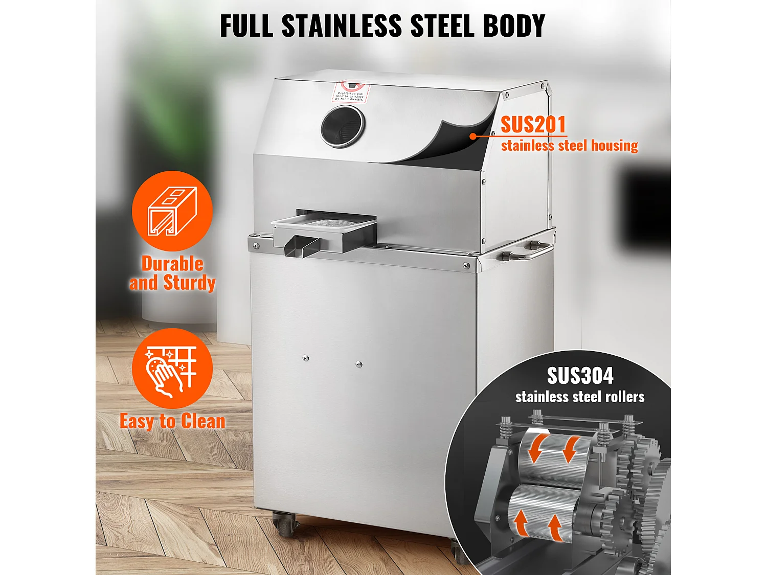 Extracteur de Jus de Canne à Sucre électrique SucceBuy 800 W, Rendement de 300kg/h, 4 Rouleaux, Grand 6.1cm