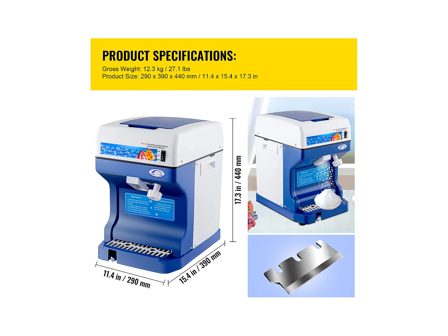 Machine à Glaçons SucceBuy Machine à Cônes de Neige 250 W 265 LBS/H Broyeur à Glace Réglable pour Usage Domestique