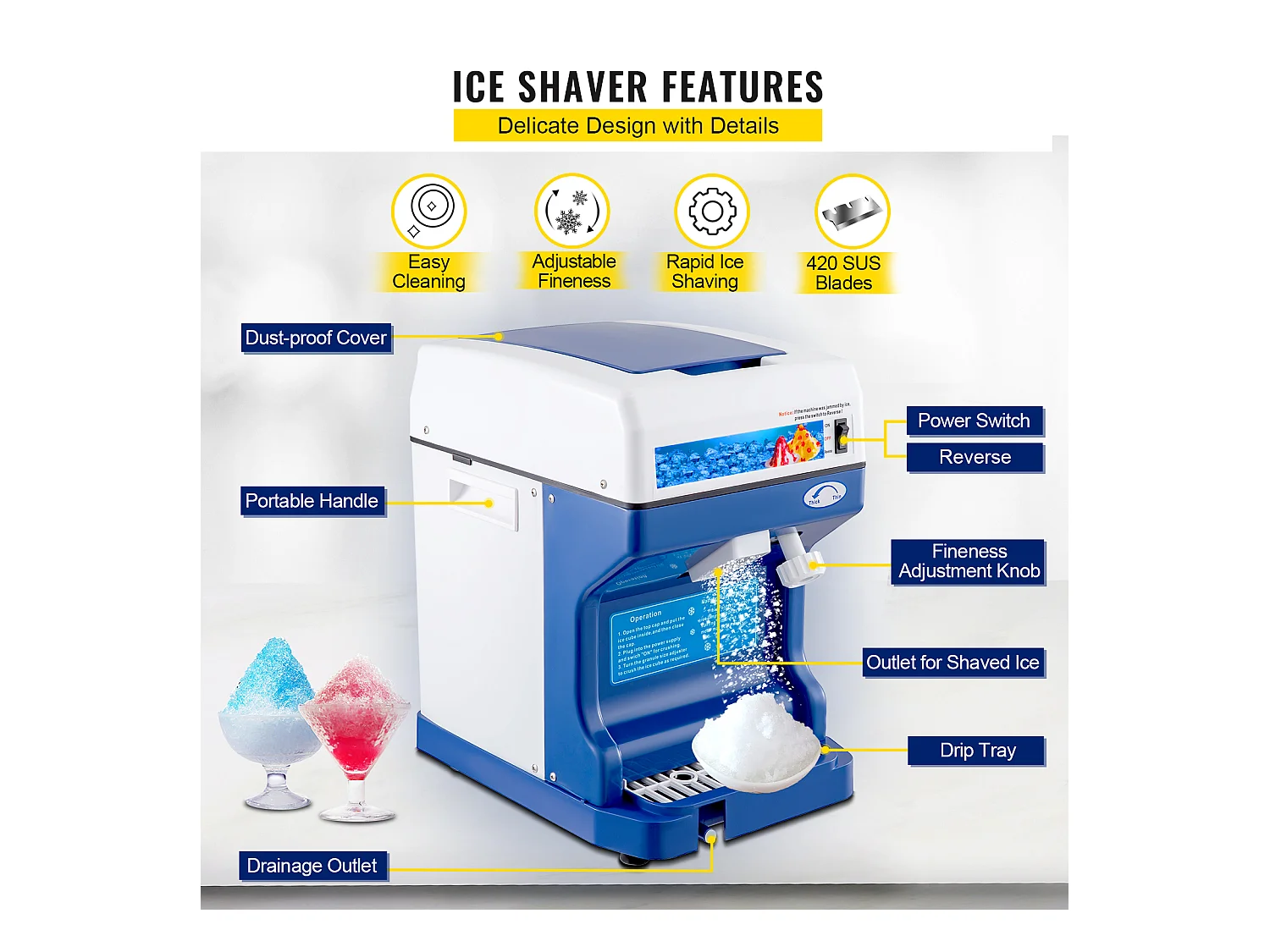 Machine à Glaçons SucceBuy Machine à Cônes de Neige 250 W 265 LBS/H Broyeur à Glace Réglable pour Usage Domestique