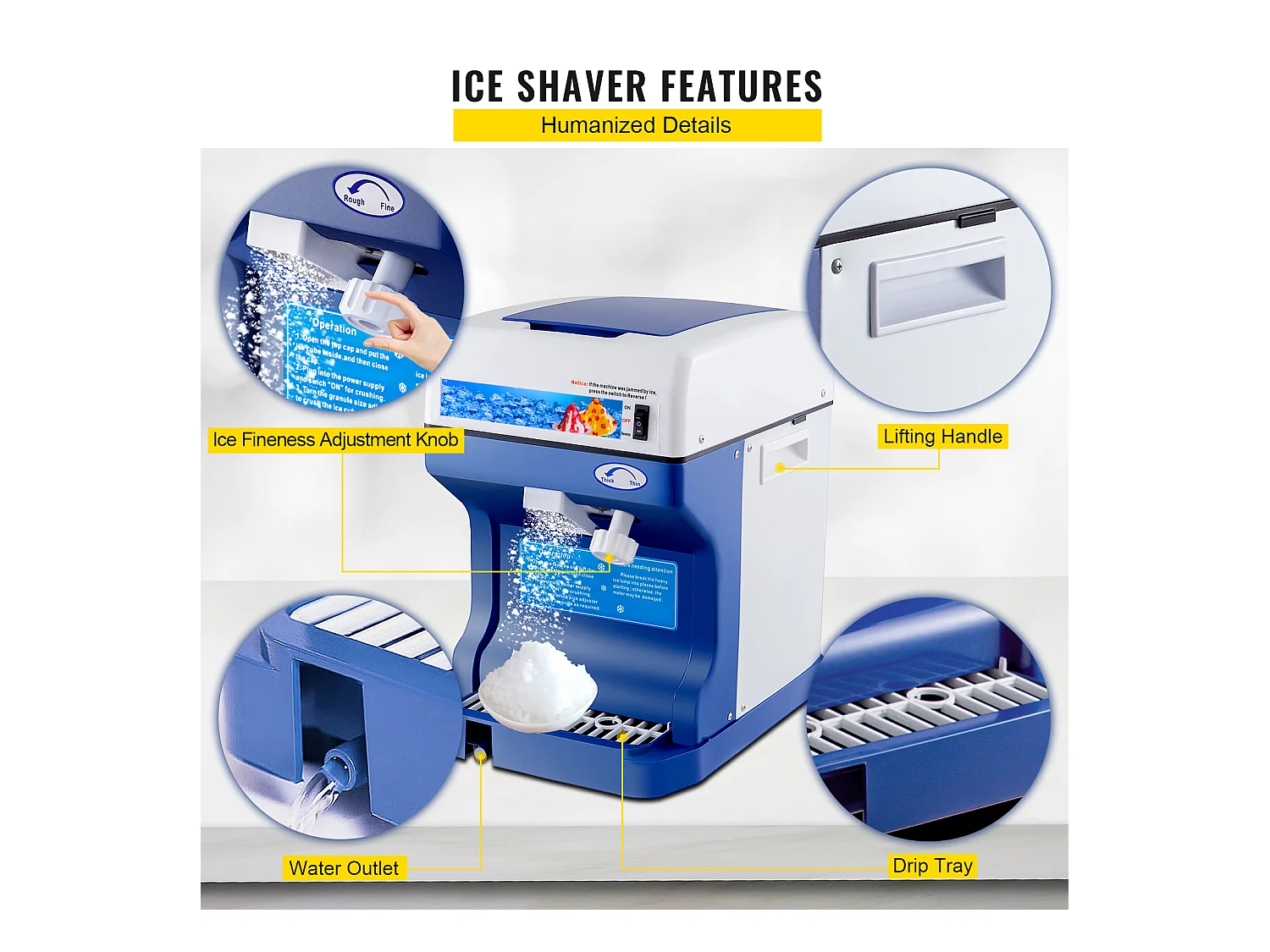 Machine à Glaçons SucceBuy Machine à Cônes de Neige 250 W 265 LBS/H Broyeur à Glace Réglable pour Usage Domestique