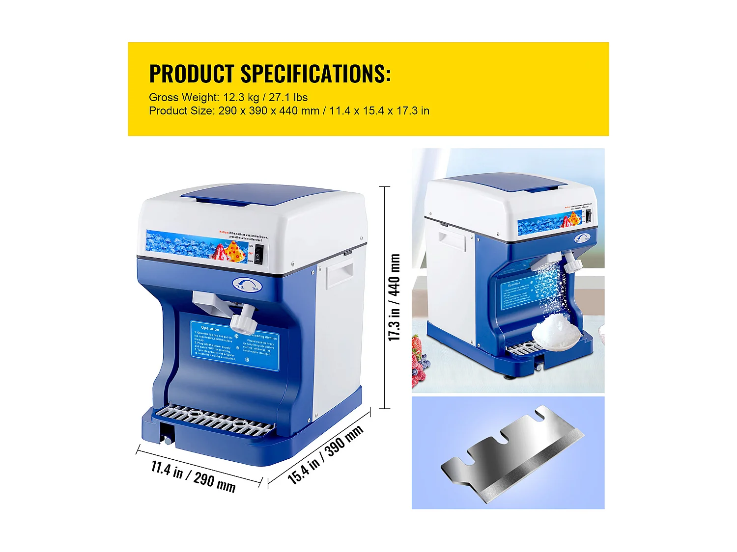 Machine à Glaçons SucceBuy Machine à Cônes de Neige 250 W 265 LBS/H Broyeur à Glace Réglable pour Usage Domestique