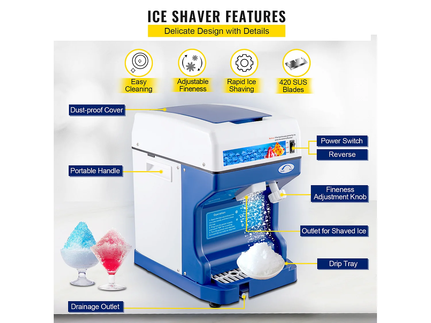 Machine à Glaçons SucceBuy Machine à Cônes de Neige 250 W 265 LBS/H Broyeur à Glace Réglable pour Usage Domestique