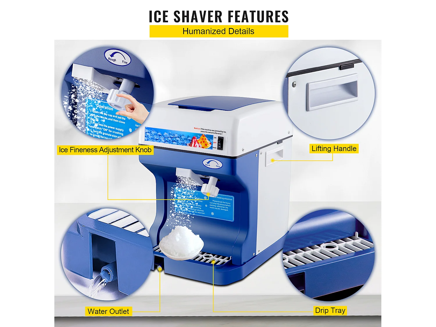 Machine à Glaçons SucceBuy Machine à Cônes de Neige 250 W 265 LBS/H Broyeur à Glace Réglable pour Usage Domestique