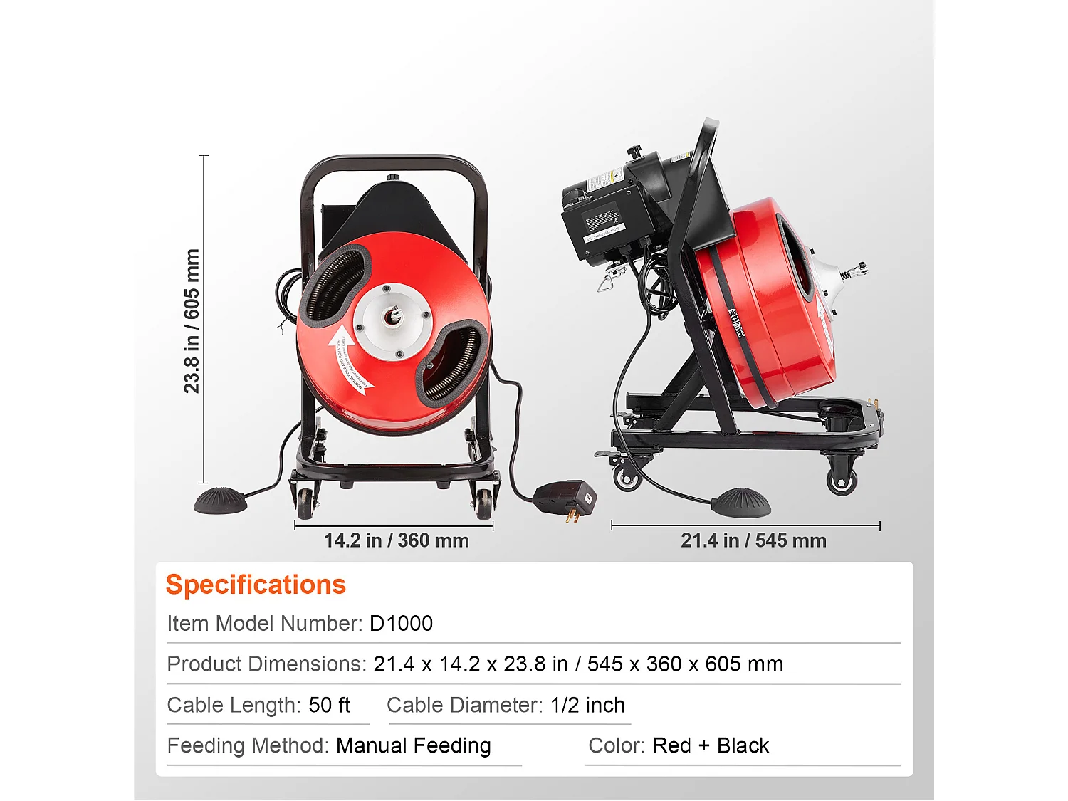 Machine de Nettoyage de Drain, SucceBuy Machine de Nettoyage de Drain 15 m × 1.27 cm Tarière Manuelle avec Roues