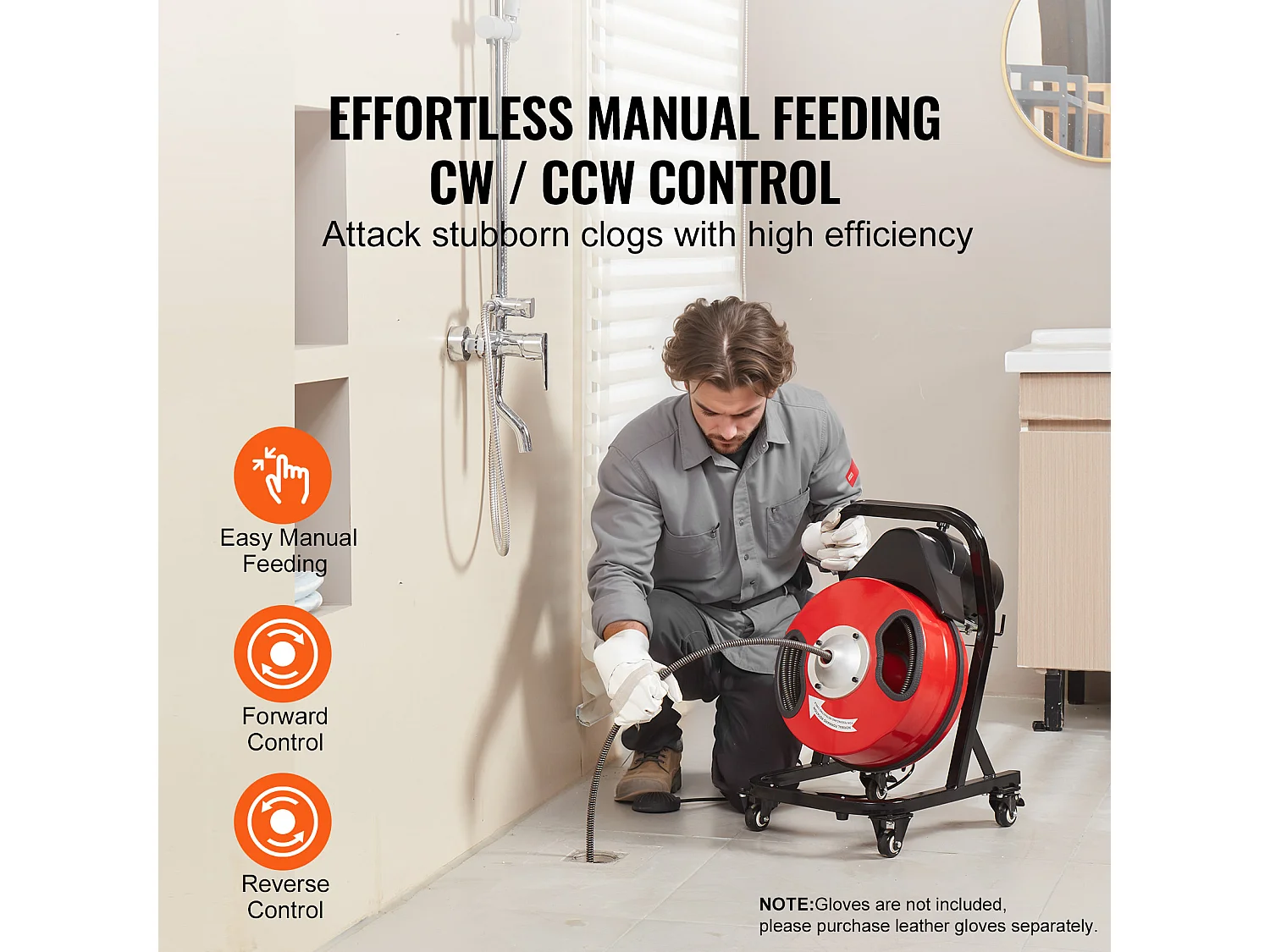 Machine de Nettoyage de Drain, SucceBuy Machine de Nettoyage de Drain 15 m × 1.27 cm Tarière Manuelle avec Roues