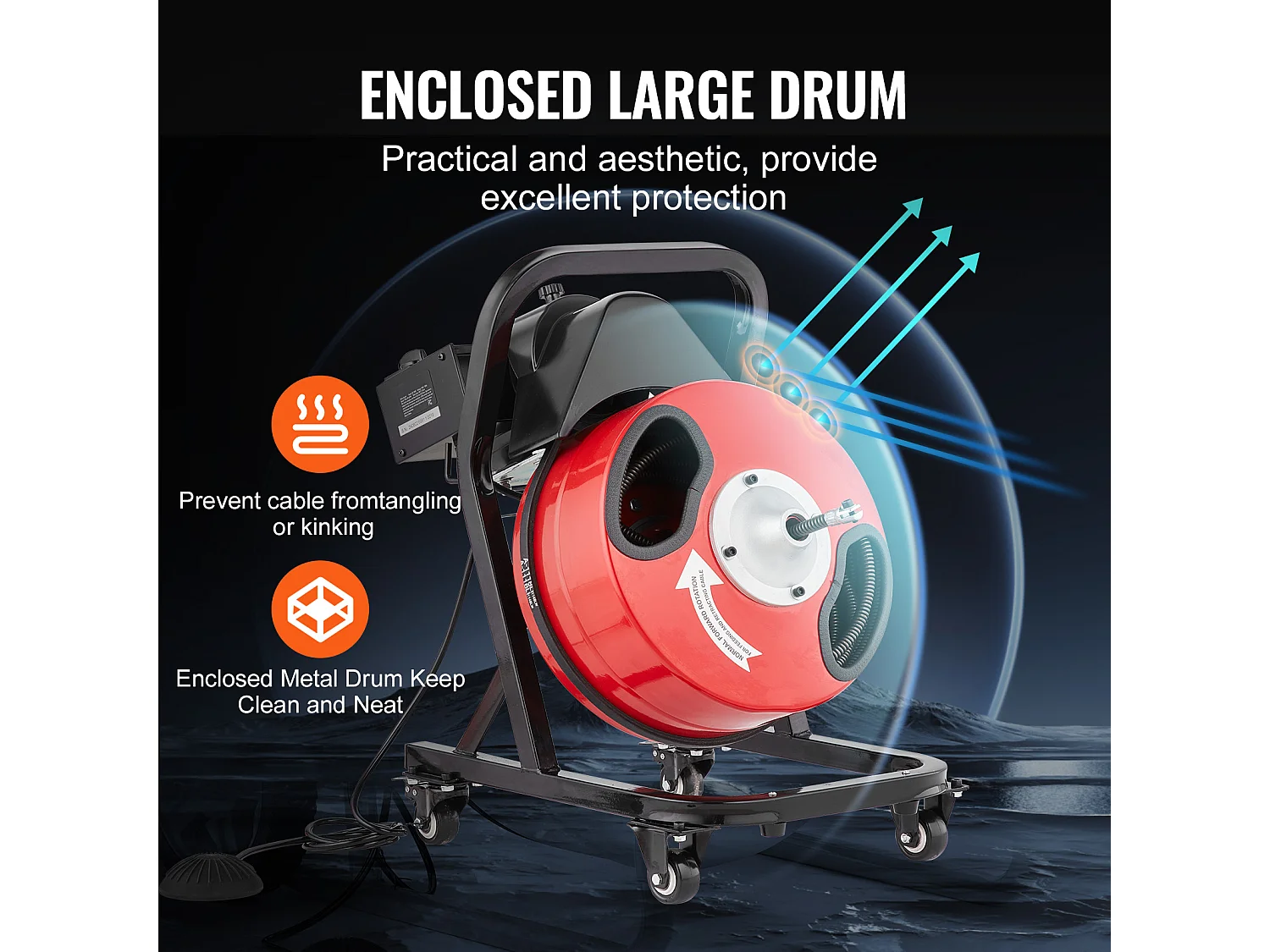 Machine de Nettoyage de Drain, SucceBuy Machine de Nettoyage de Drain 15 m × 1.27 cm Tarière Manuelle avec Roues