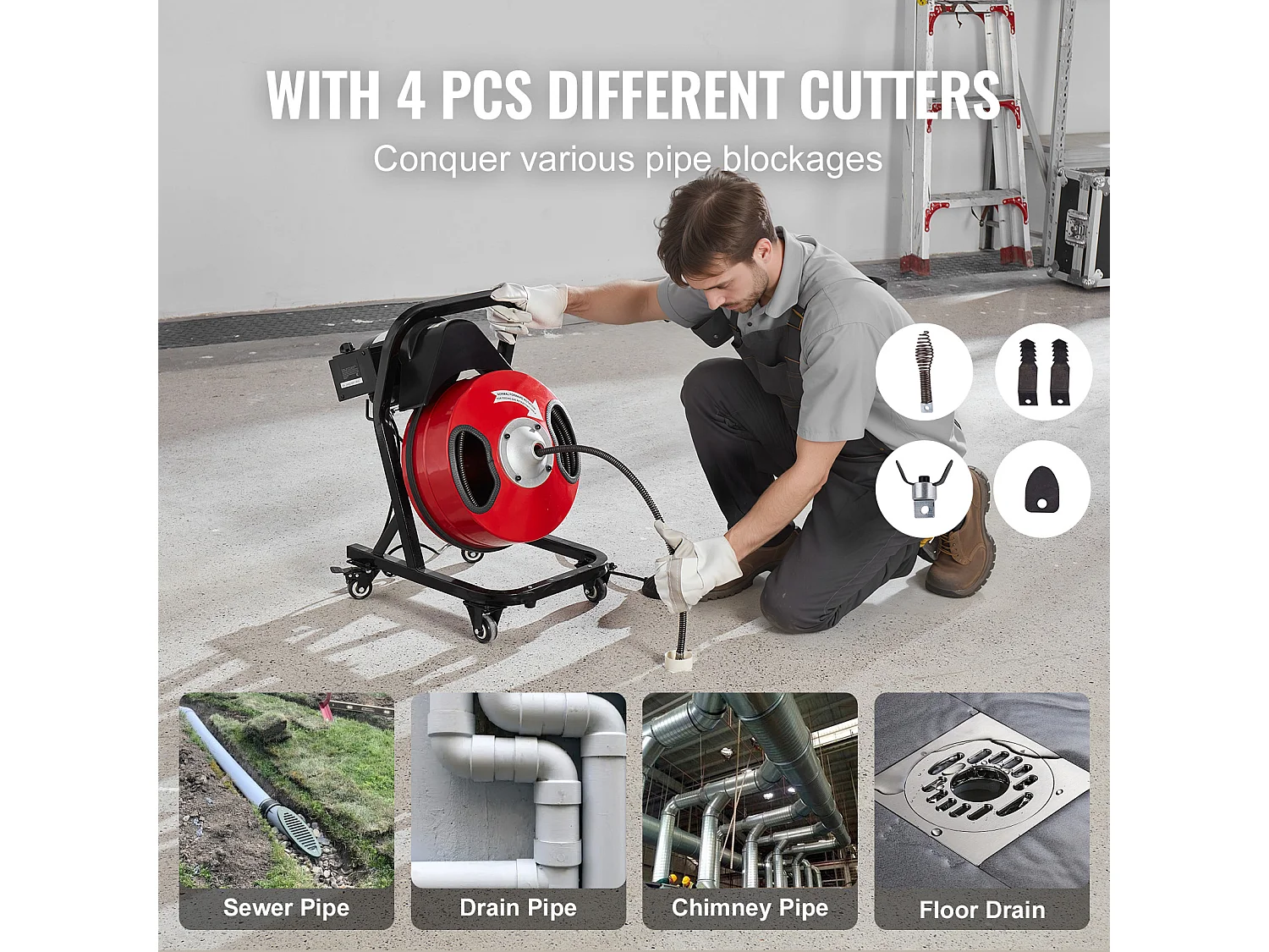 Machine de Nettoyage de Drain, SucceBuy Machine de Nettoyage de Drain 15 m × 1.27 cm Tarière Manuelle avec Roues