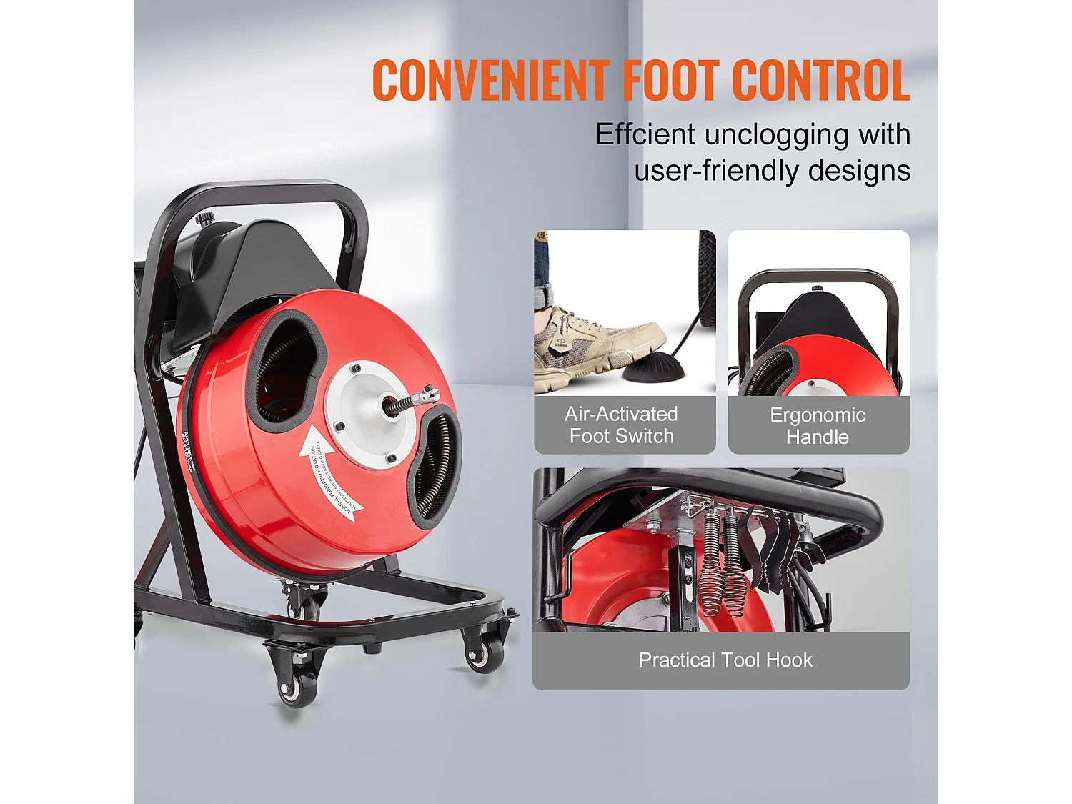 Machine de Nettoyage de Drain, SucceBuy Machine de Nettoyage de Drain 15 m × 1.27 cm Tarière Manuelle avec Roues